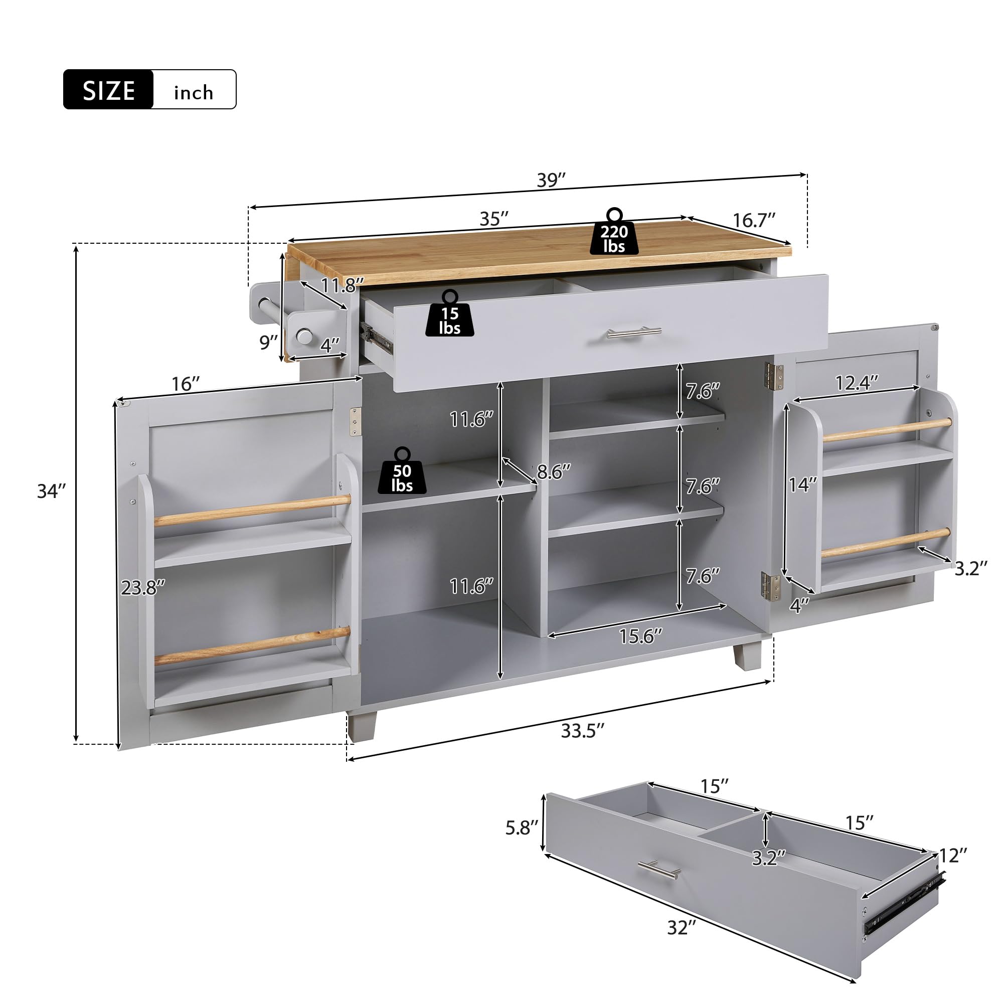 Merax 39-Inch Rolling Kitchen Cart Island with Rubber Wood Top, Spacious Drawer with Divider & Storage Rack - Mobile Kitchen Organizer for Small Spaces, Dining Room or Apartment - Grey