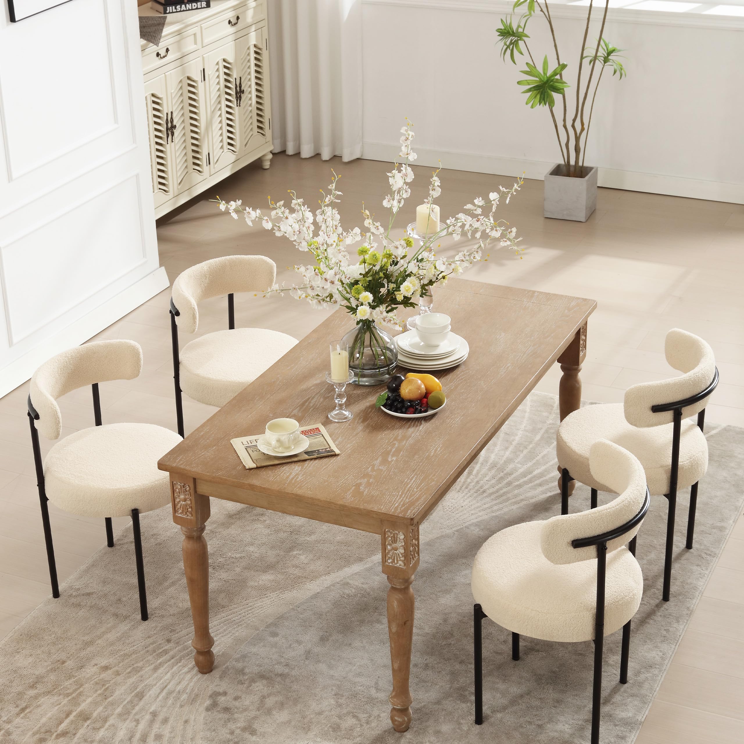 4-Piece Beige Boucle Dining Chairs Set - Curved Backrest Modern Upholstered Chairs with Thick Round Seat | Mid Century Kitchen & Dining Room Furniture | Perfect for Family Gatherings & Dinner Parties
