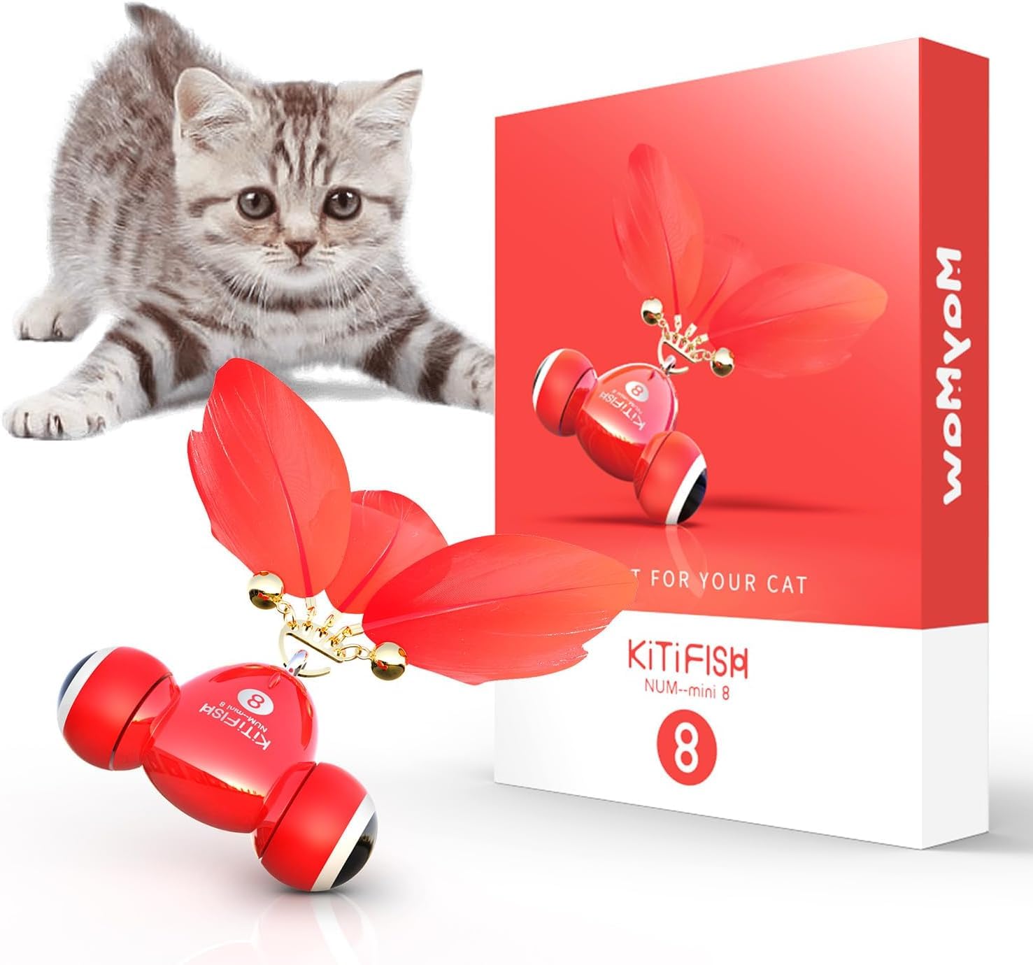 Interactive Cat Toys - Kitifish Rechargeable Automatic Cat Toy with Feather & Bell for Indoor Cats - Fast Rolling on Thin Carpet - Motion Activated Play - Perfect for Exercise & Entertainment at Home