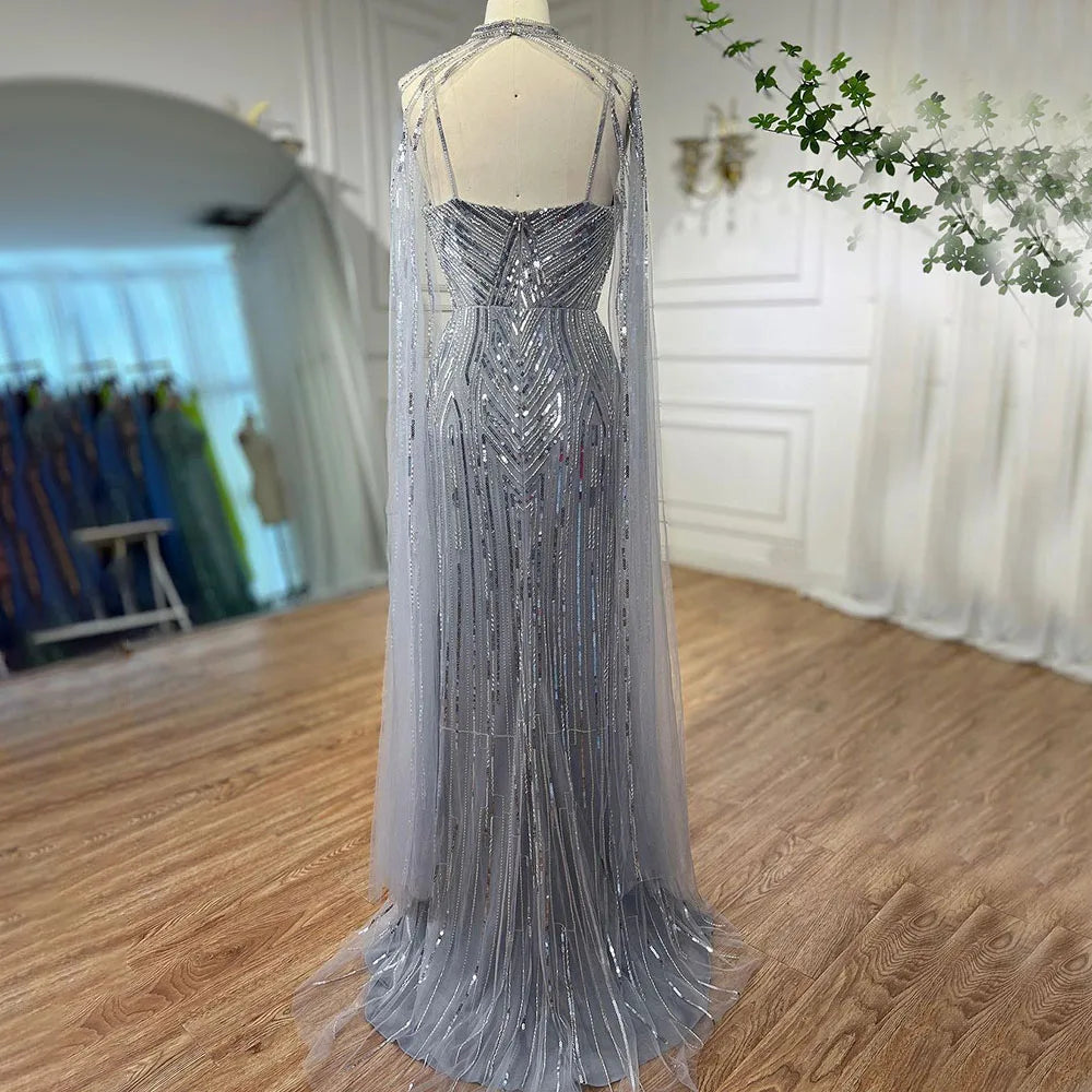 Elegant Silver Cape Sleeve Mermaid Evening Gown with High Slit & Beaded Details - Women's Formal Party Dress for Prom, Gala & Special Occasions - LA72137