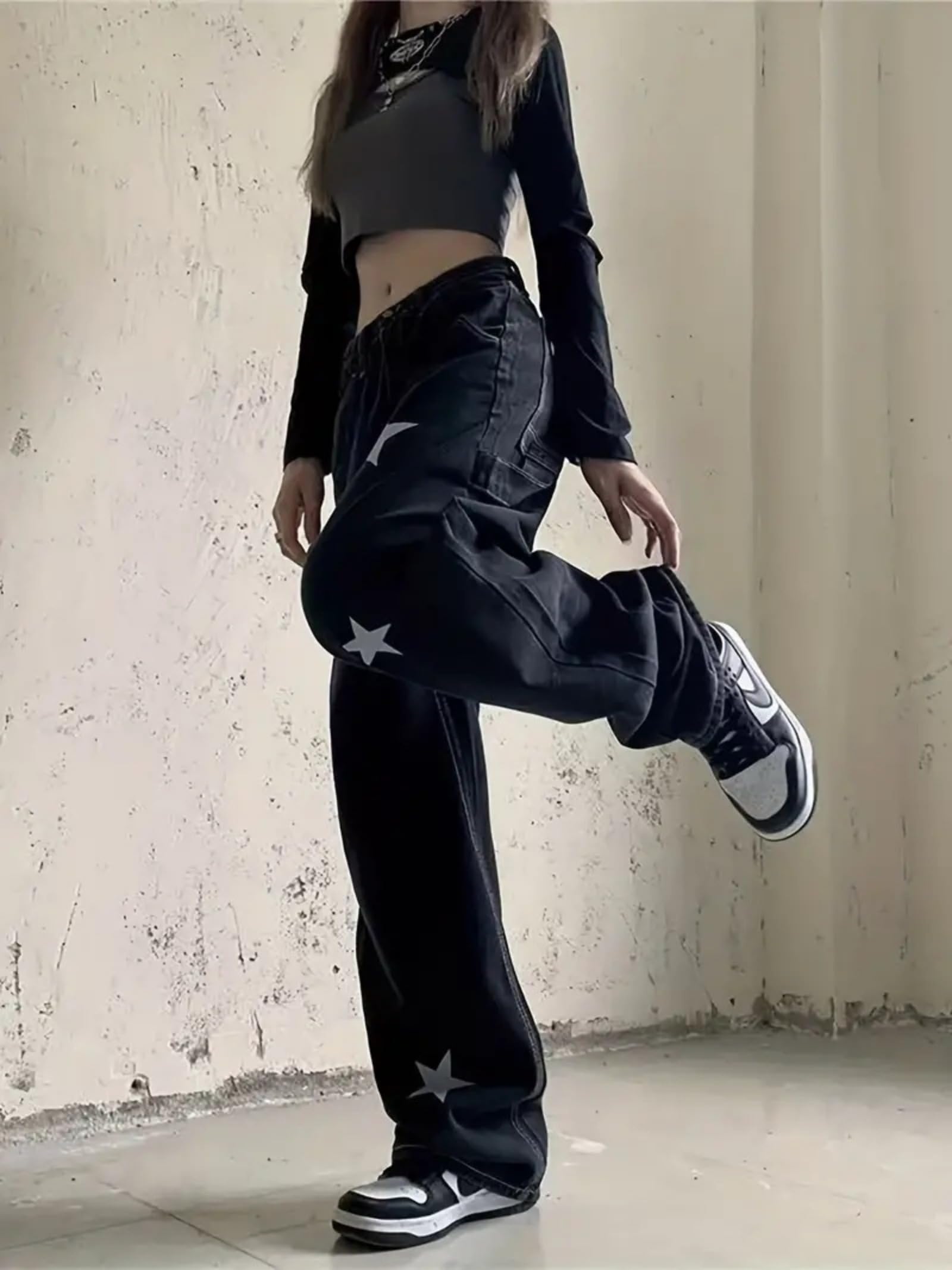 Y2K Star Graphic Goth Jeans - High Waisted Straight Leg Denim Pants for Women | Retro Streetwear Fashion for Concerts, Parties & Casual Outfits