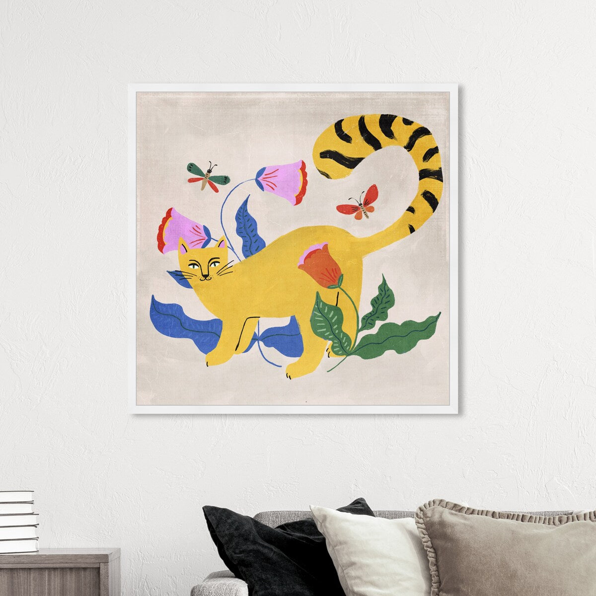 Blonde Tabby Floral Kitten Butterfly Garden Modern Yellow Framed Wall Art Print - Home Decor for Bedroom, Living Room & Nursery | Perfect Gift for Cat Lovers