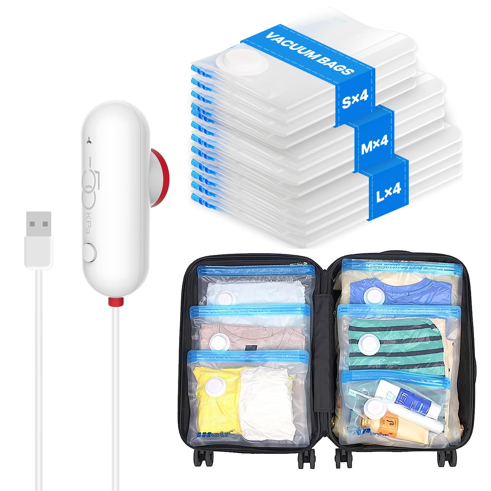 VMstr 12 Pack Travel Vacuum Storage Bags with USB Electric Pump | Space Saving Compression Bags for Clothes & Clothing | Perfect for Travel, Moving & Seasonal Storage
