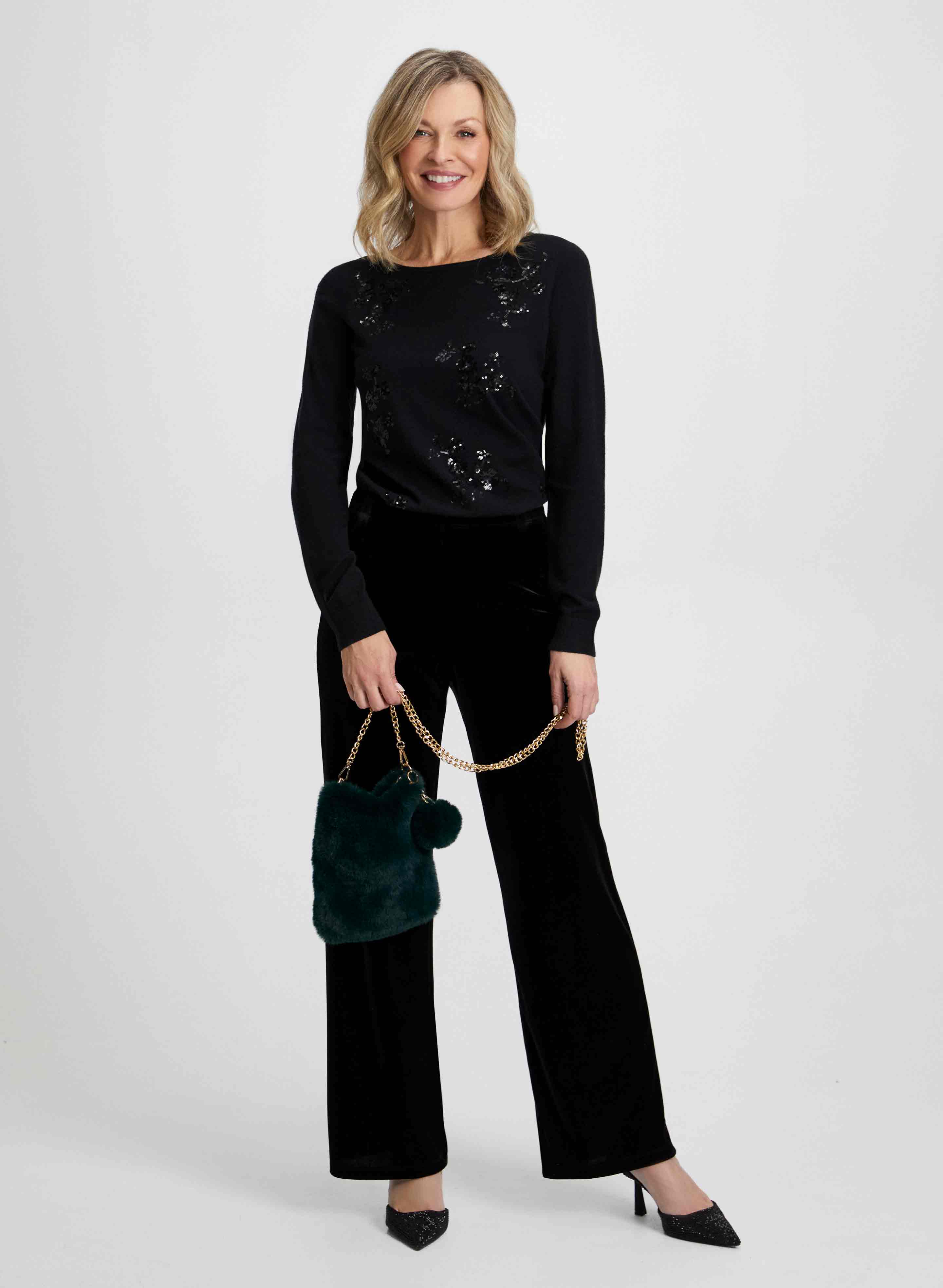 Floral Appliqué Blouse & Velvet Pants Set - Elegant Women's Outfit for Parties, Dates & Special Occasions
