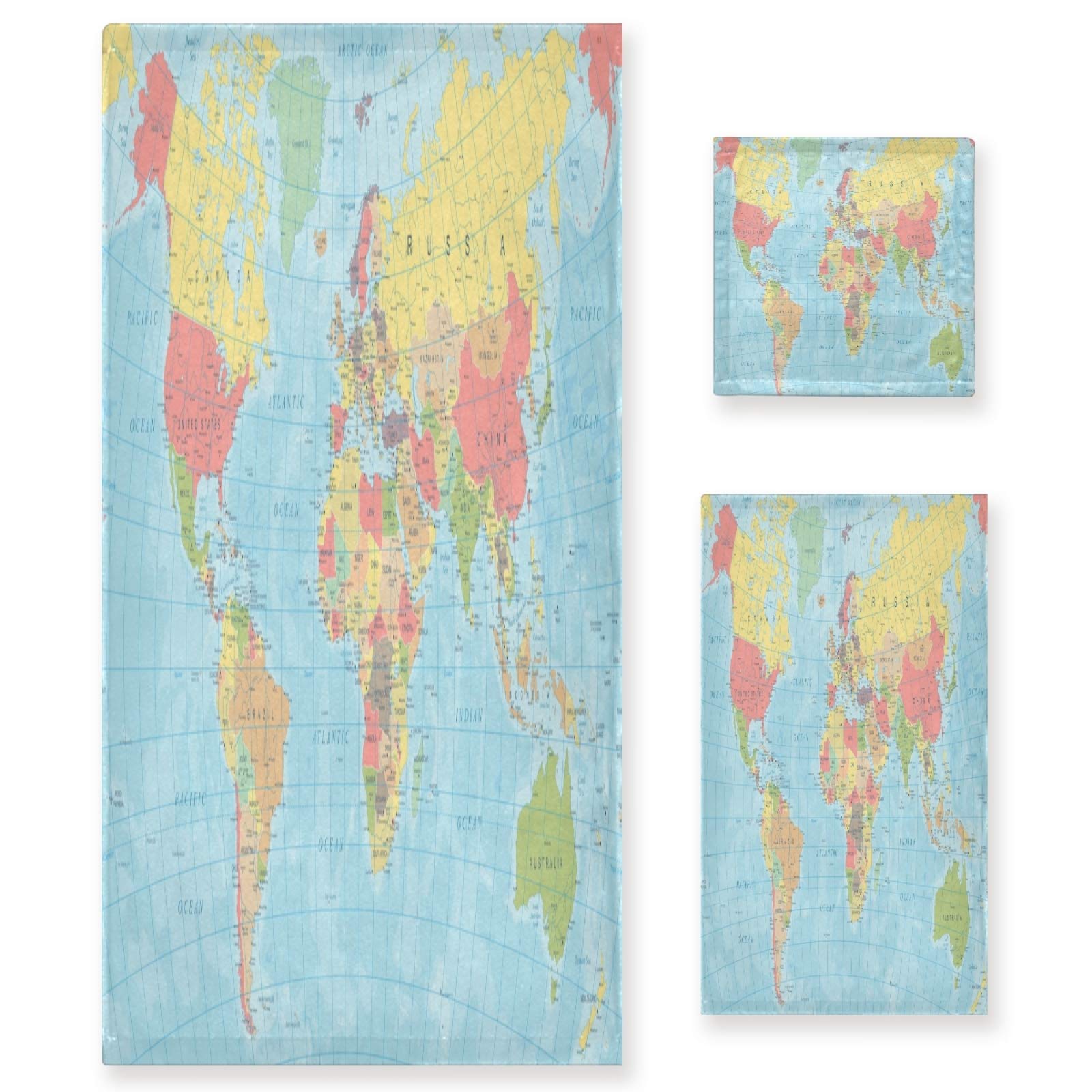Qilmy World Map Bath Towels Set - Ultra Absorbent, Soft & Comfortable 3-Piece Towel Set for Home, Hotel, Spa | Perfect for Bathroom Decor, Travel & Gift Giving
