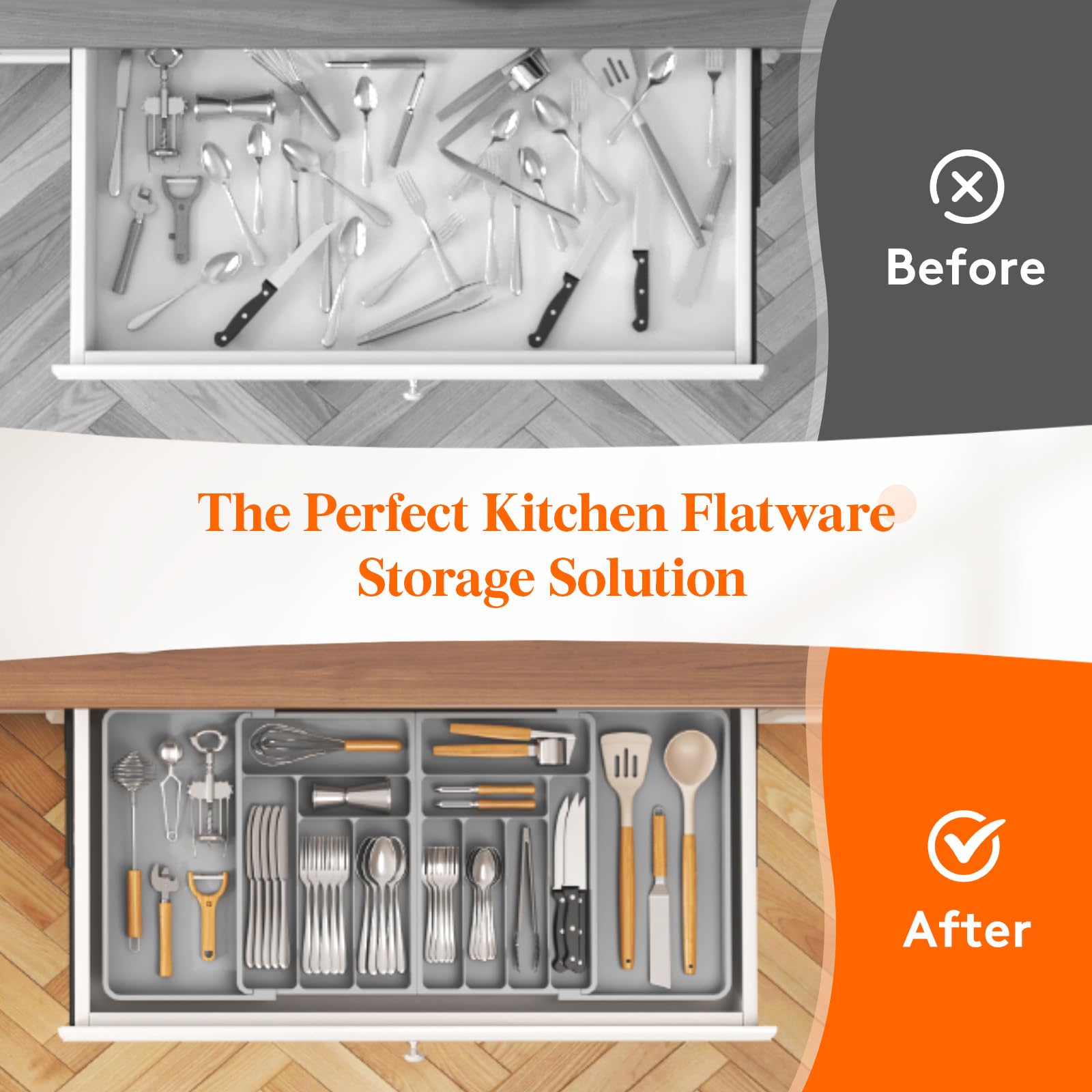 Lifewit Expandable Silverware Drawer Organizer (21-36 Inches) – BPA-Free Plastic Utensil Tray for Kitchen, Adjustable Flatware & Cutlery Holder for Spoons, Forks, Knives – Gray | Perfect for Kitchen Drawer Organization & Utensil Storage
