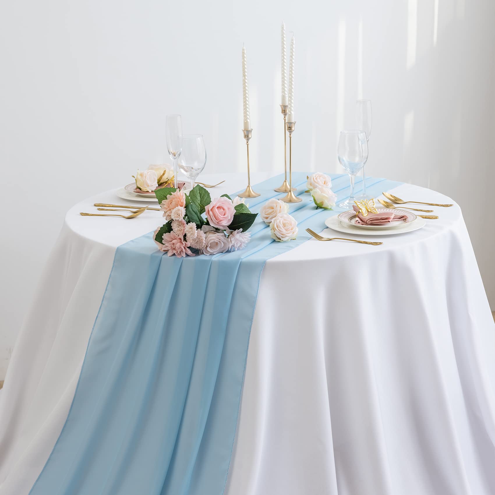 AILITI 12-Pack Chiffon Table Runners 29x120 Inches - Elegant Gauze Wedding Table Decor for Bridal Showers, Baby Showers & Birthday Parties (Blue Mist) | Perfect for Romantic Events, Cake Tables & Rustic Decor
