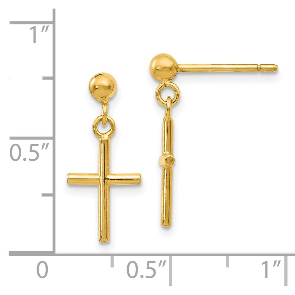 14K Solid Yellow Gold Polished Cross Drop Earrings for Women - Elegant Dangle Post Earrings for Church, Wedding, Gift & Everyday Wear