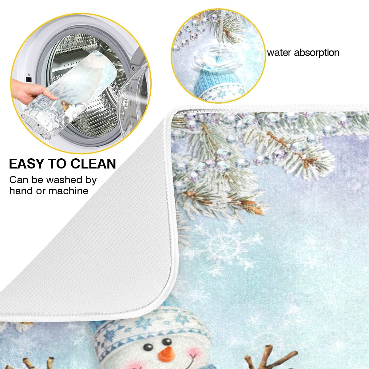 Snowflake Dish Drying Mat - Reversible Absorbent Microfiber Snowman Design, 16x18 Inch Kitchen Counter Decor for Holiday & Everyday Use