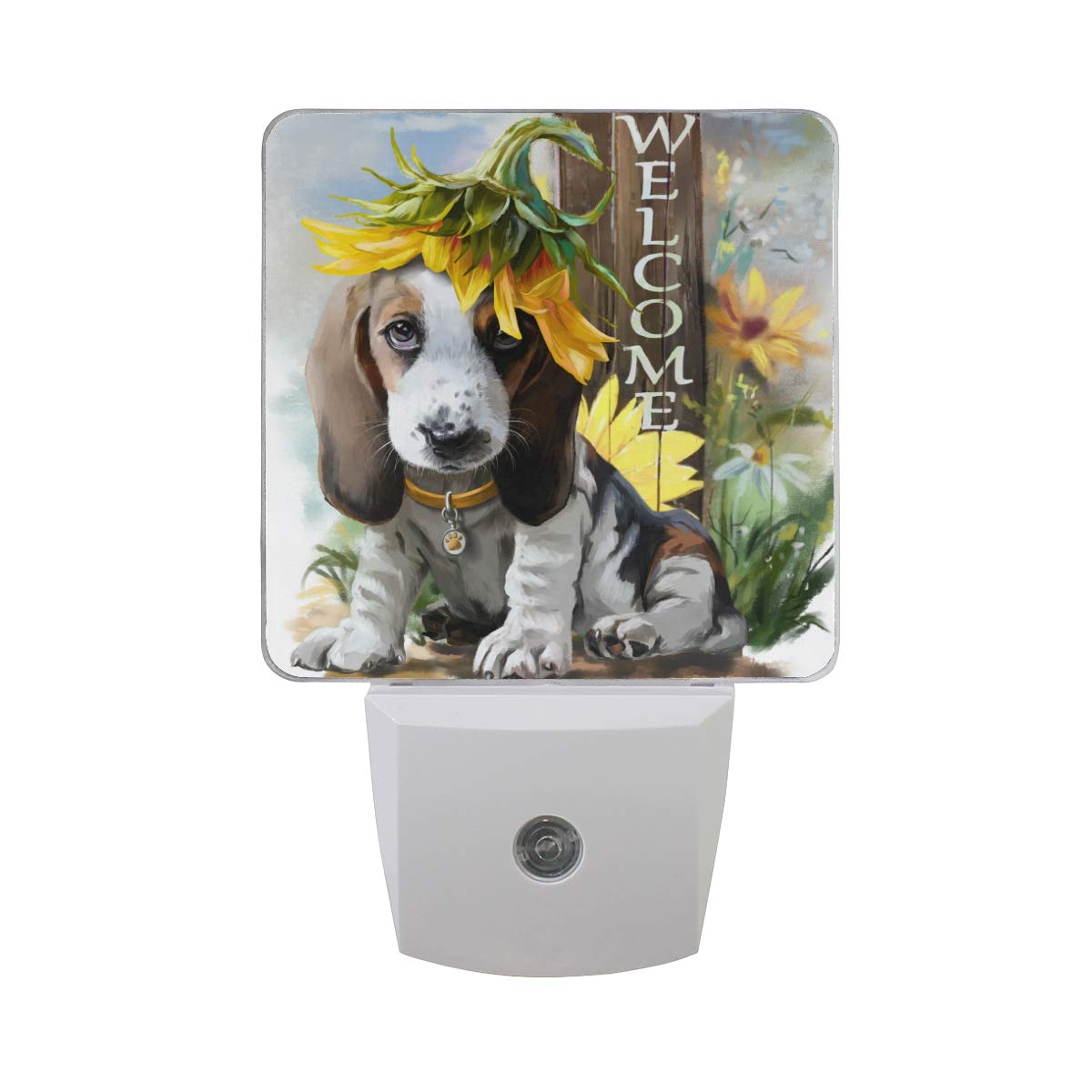 Vikko Welcome Sunny The Beagle Dog Sunflower Night Light Plug in 2 Pack - LED Dusk to Dawn Sensor Nightlight for Kids & Adults - Perfect for Bedroom, Living Room, Hallway Decor - Creates Cozy Ambiance for Nurseries, Bathrooms & Home Offices