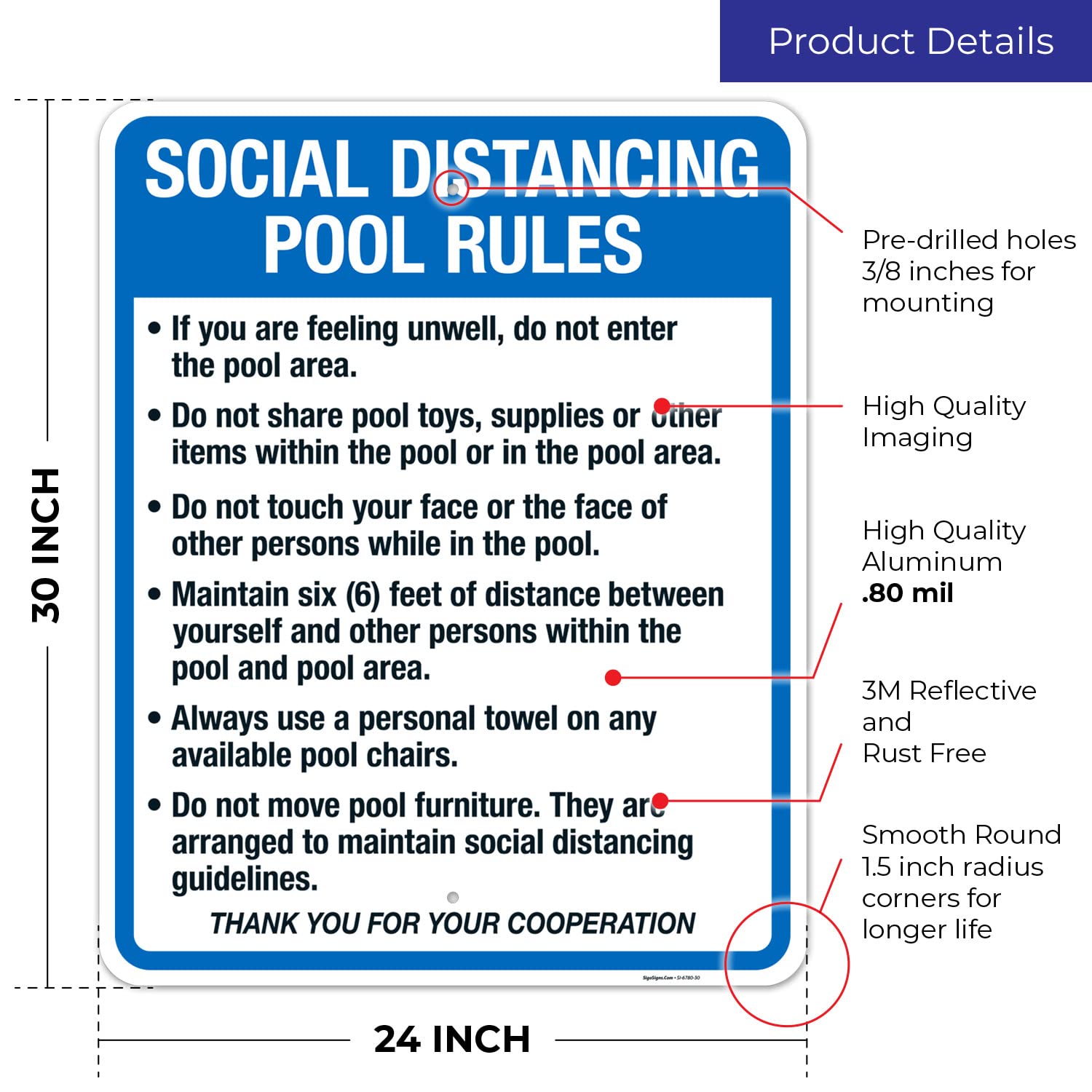 Social Distancing Pool Rules Sign - 24x30 Inch Rustproof Aluminum Sign for Swimming Pools | Fade-Resistant Indoor/Outdoor Use | Made in USA by Sigo Signs | Perfect for Community Pools, Backyard Pools & Public Swimming Areas