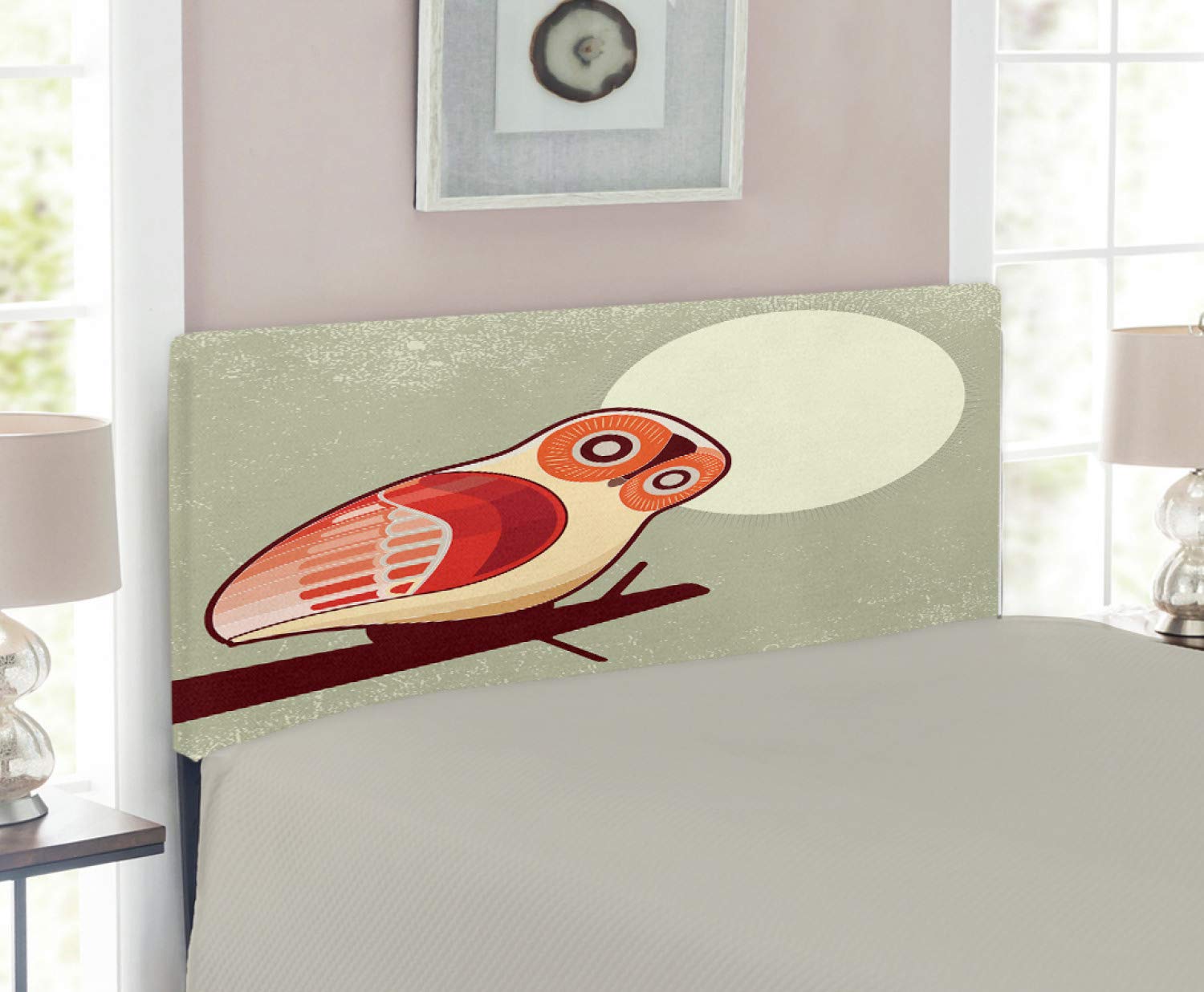 Ambesonne Owl Headboard - Full Moon Night with Nocturnal Large Eyed Animal on Tree Branch Caricature Design, Upholstered Decorative Metal Bed Frame with Memory Foam, Twin Size, Multicolor - Perfect for Kids' Room, Nursery or Fantasy-Themed Bedroom Decor