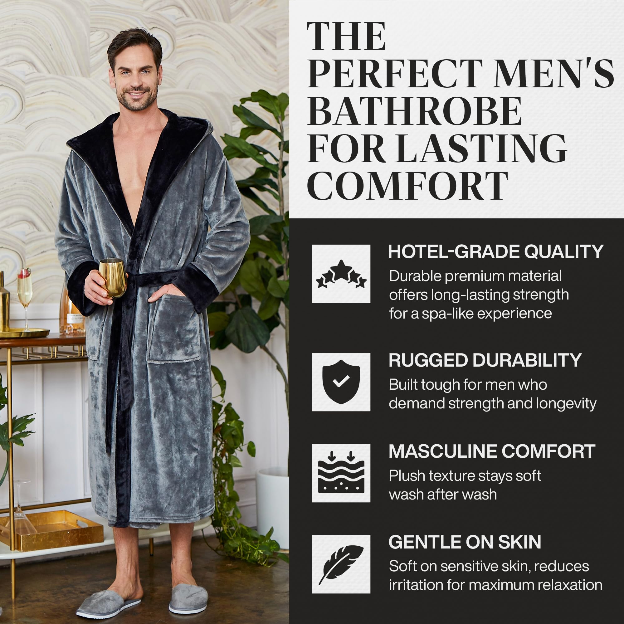 Luxury Men's Plush Hooded Bathrobe - Soft Long Linen Robe for Men, Perfect for Spa, Lounge & Relaxation at Home