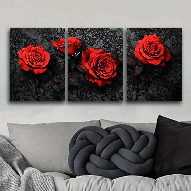 3-Piece Gothic Red Rose Metal Wall Art Print - Ready to Hang Home Decor for Living Room, Bedroom & Office