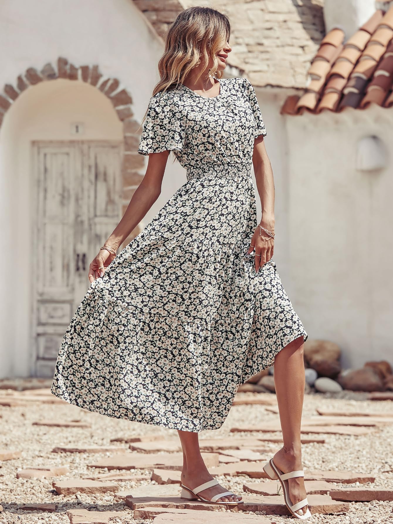 Floerns Women's Short Sleeve Boho Floral A-Line Smocked Midi Dress - Black Floral Print Size XL - Perfect for Summer Vacations, Beach Parties & Casual Outings