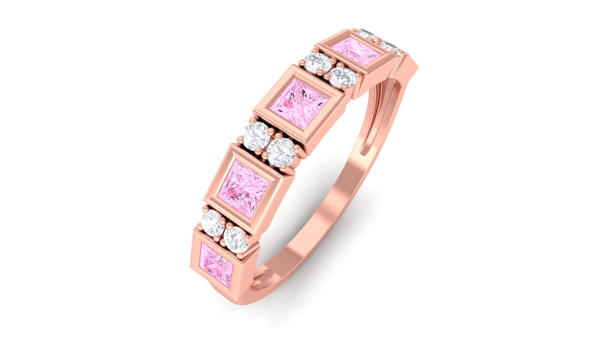 Princess Cut Pink Sapphire & Diamond Half Eternity Ring for Women - 14K Solid Gold Wedding Band, Anniversary Gift, Engagement Ring for Her | Perfect for Special Occasions & Everyday Elegance