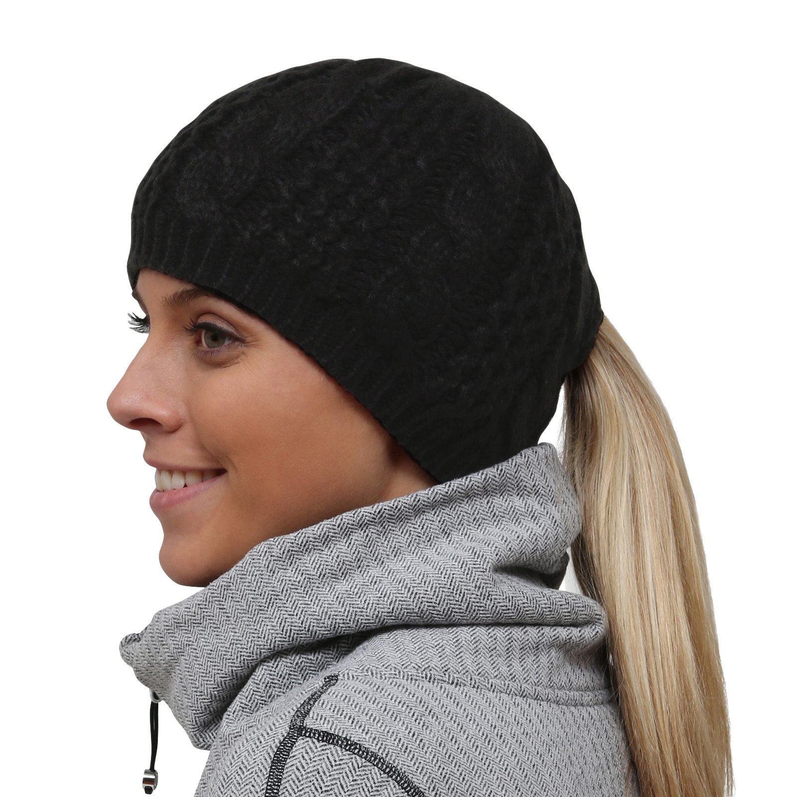TrailHeads Women's Cable Knit Winter Beanie Hat - Warm Ponytail Beanie for Outdoor Activities, Running, Hiking & Snow Sports