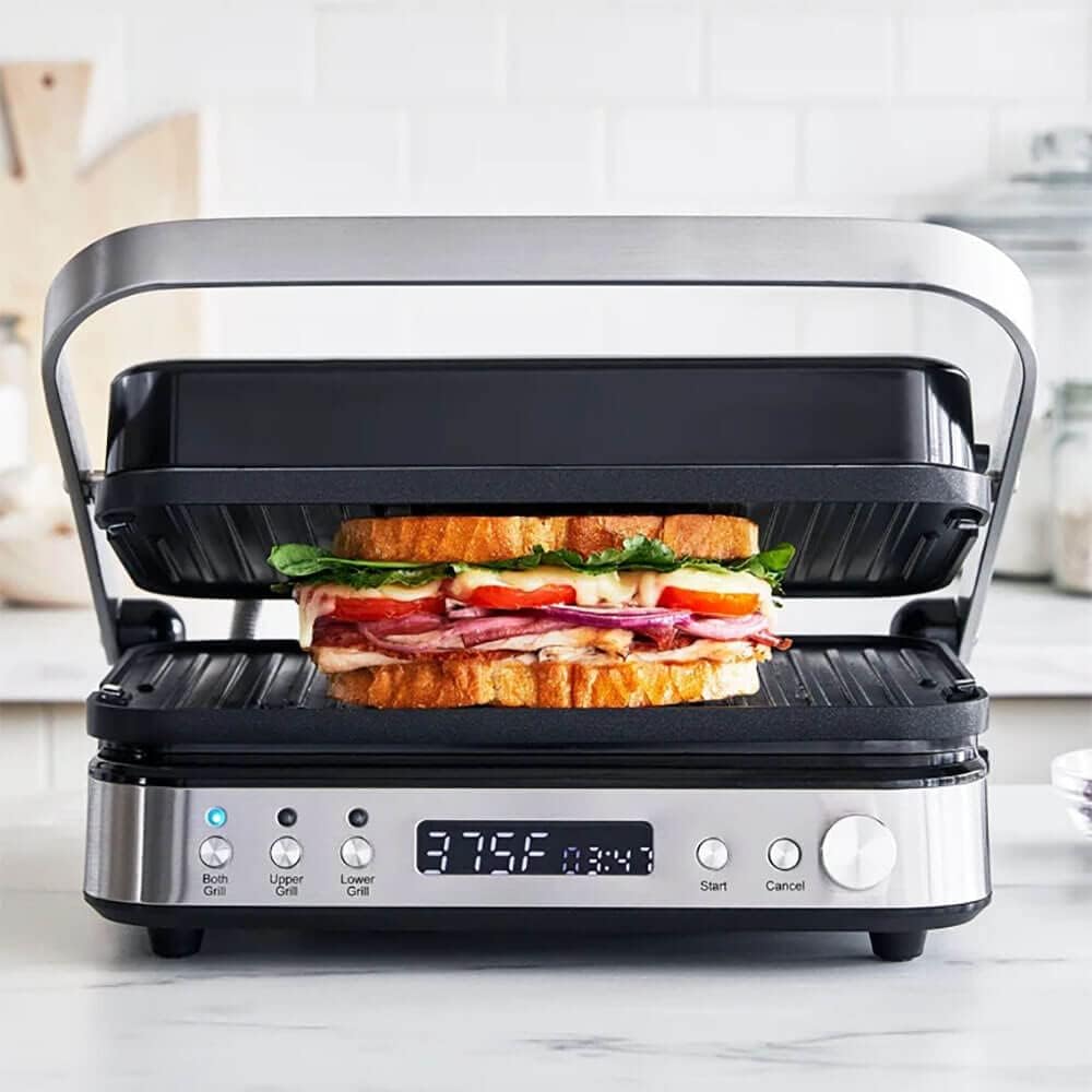 GreenPan Electric Indoor Stainless Steel 6-in-1 Contact Grill & Griddle - Healthy Ceramic Nonstick Coating, Dishwasher Safe Reversible Plates, PFAS-Free - Perfect for Paninis, Sandwiches, Steaks & Breakfast Cooking