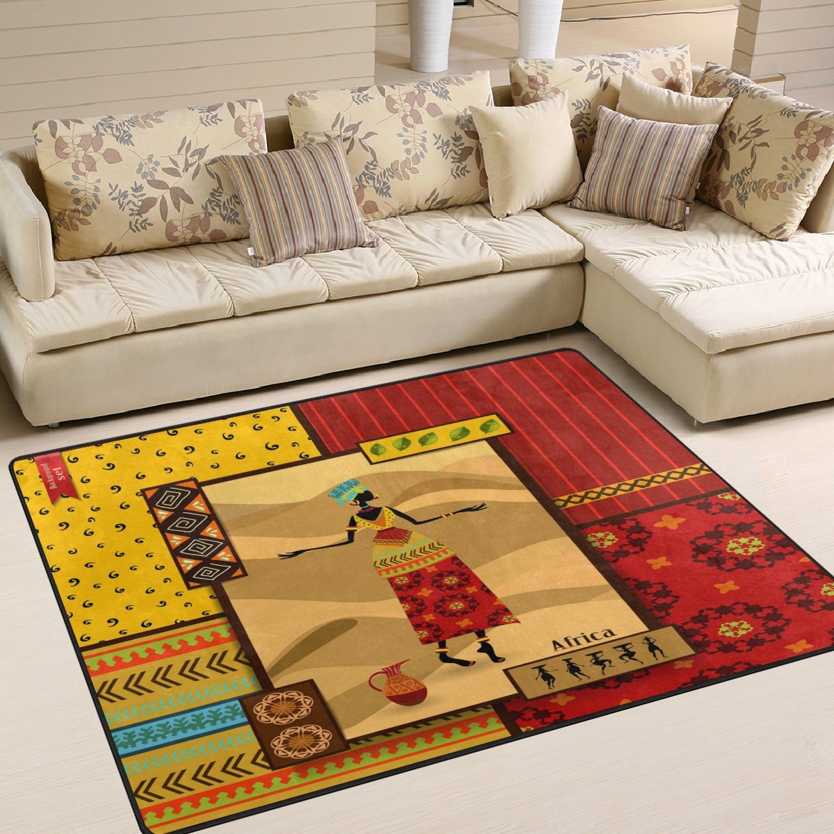 ALAZA African Mandala Tribal Area Rug - 7' x 5' Handmade Boho Rug for Living Room, Bedroom, Dorm | Non-Slip Floor Mat for Home Decor, Yoga & Meditation Space