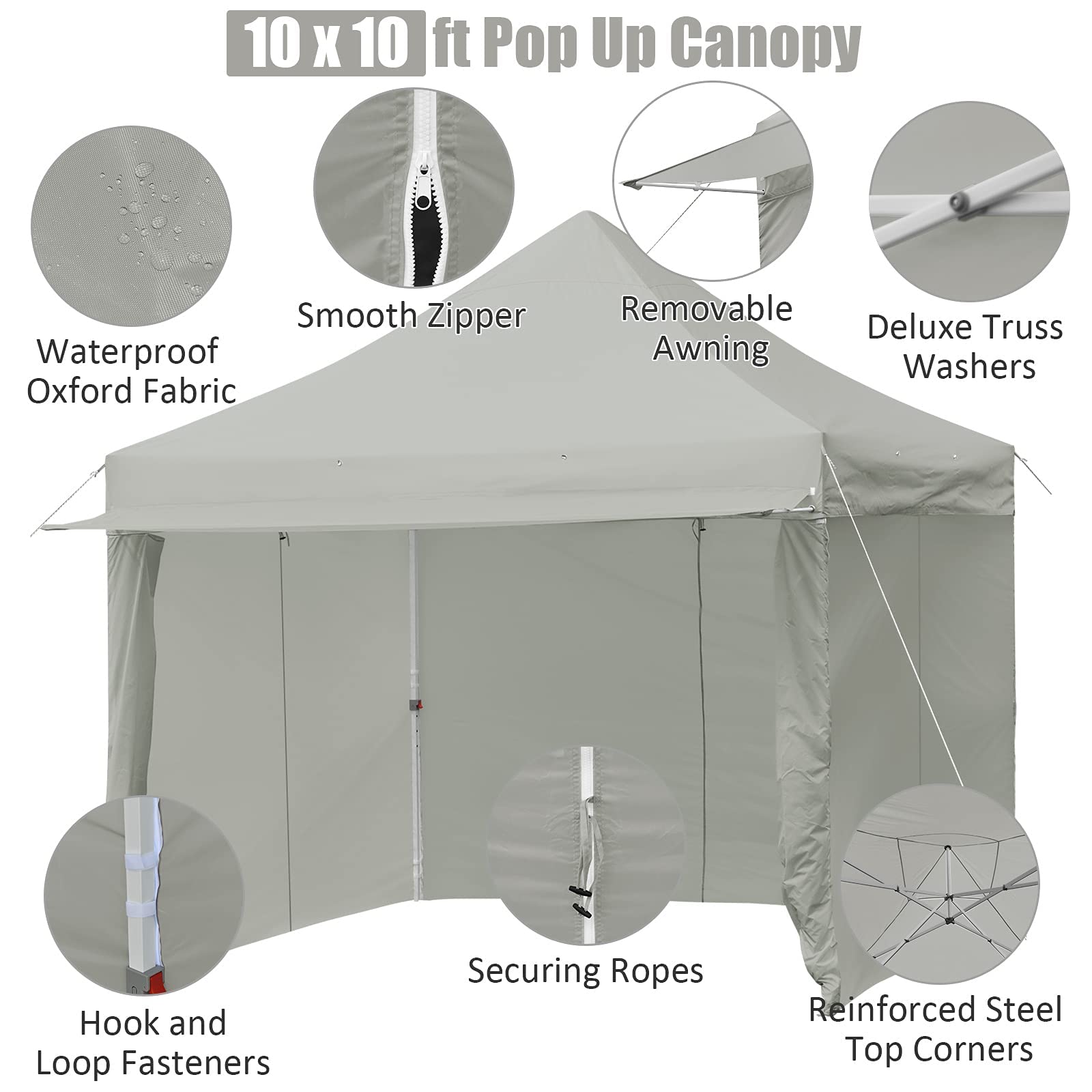 Tangkula 10x10ft Pop Up Canopy Tent - Commercial Instant Shelter with 5 Removable Zippered Sidewalls & Extended Awning - Portable Market Canopy Includes 4 Sand Bags, 8 Stakes, 4 Ropes & Carry Bag - Perfect for Outdoor Events, Farmers Markets, Beach Parties & Camping