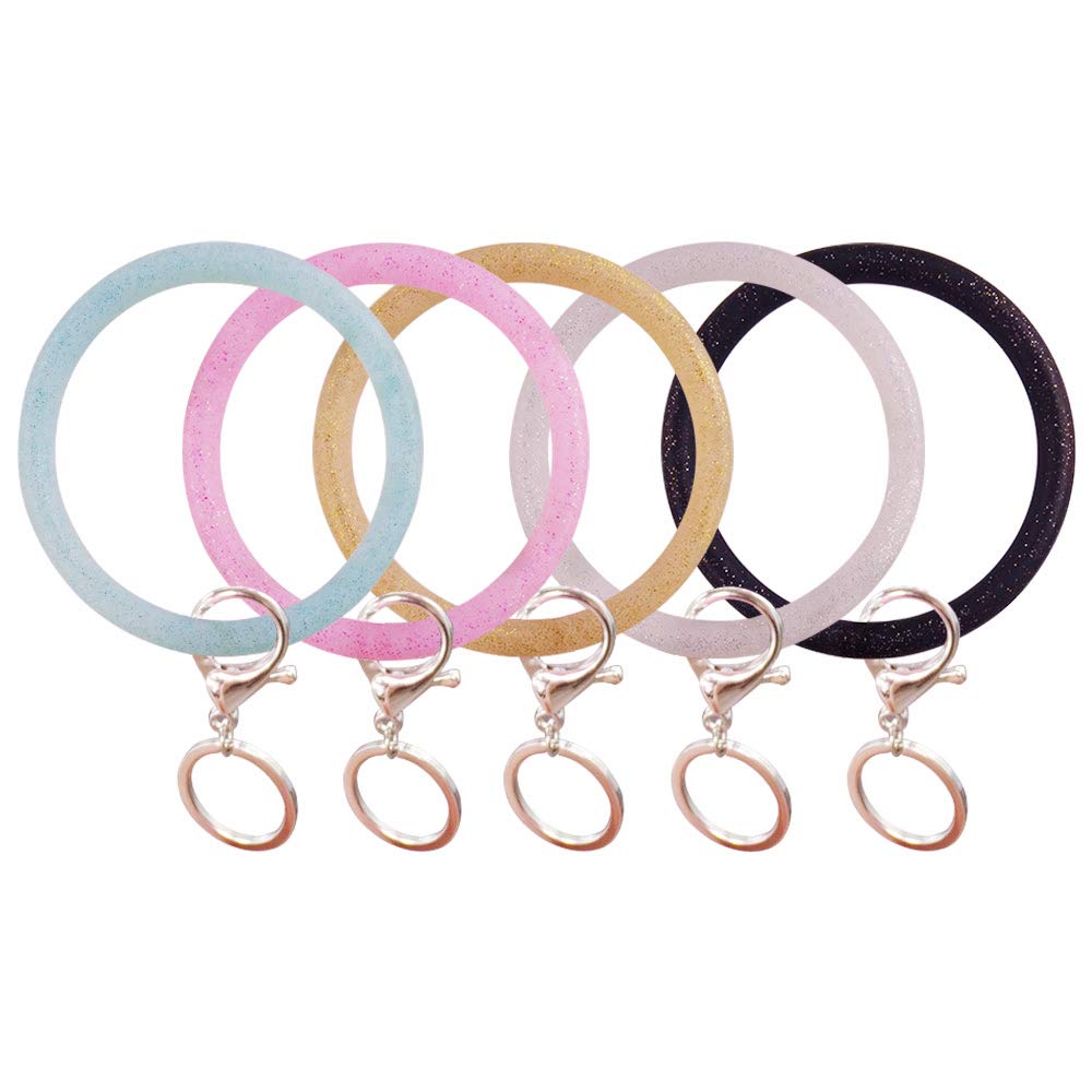 5 Pack Silicone Wrist Keychain Bracelets - Shiny Bangle Keyring with Large Circle Key Holder for Women & Girls | Perfect for Gym, Running, Hiking & Everyday Carry