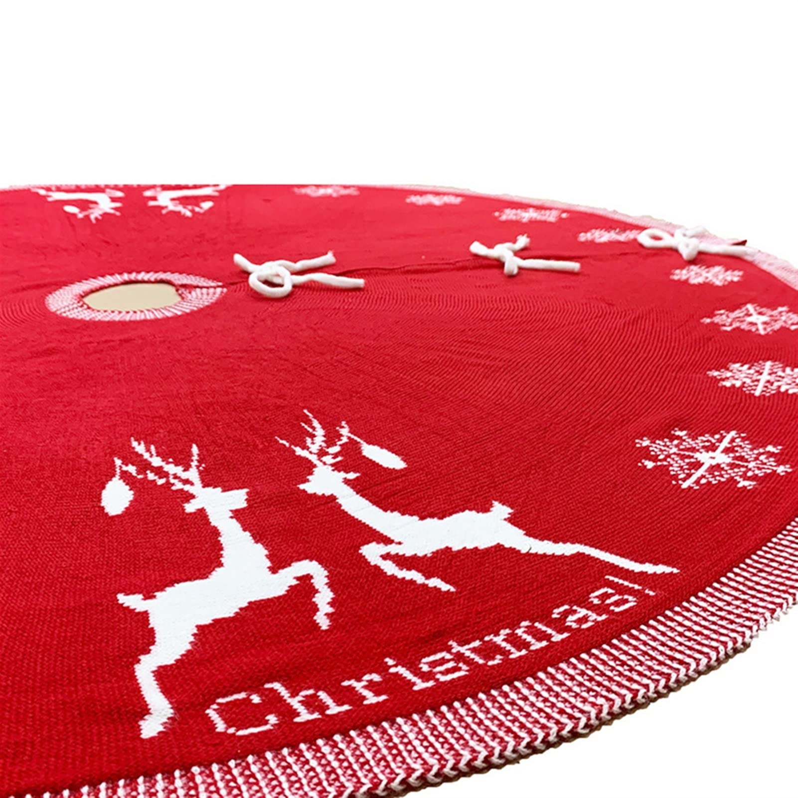 CAREG Knitted Acrylic Christmas Tree Skirt - 95cm Round Xmas Tree Bottom Cover for Holiday Home Decor (Red) | Perfect for Fireplace, Living Room & Festive Party Decorations
