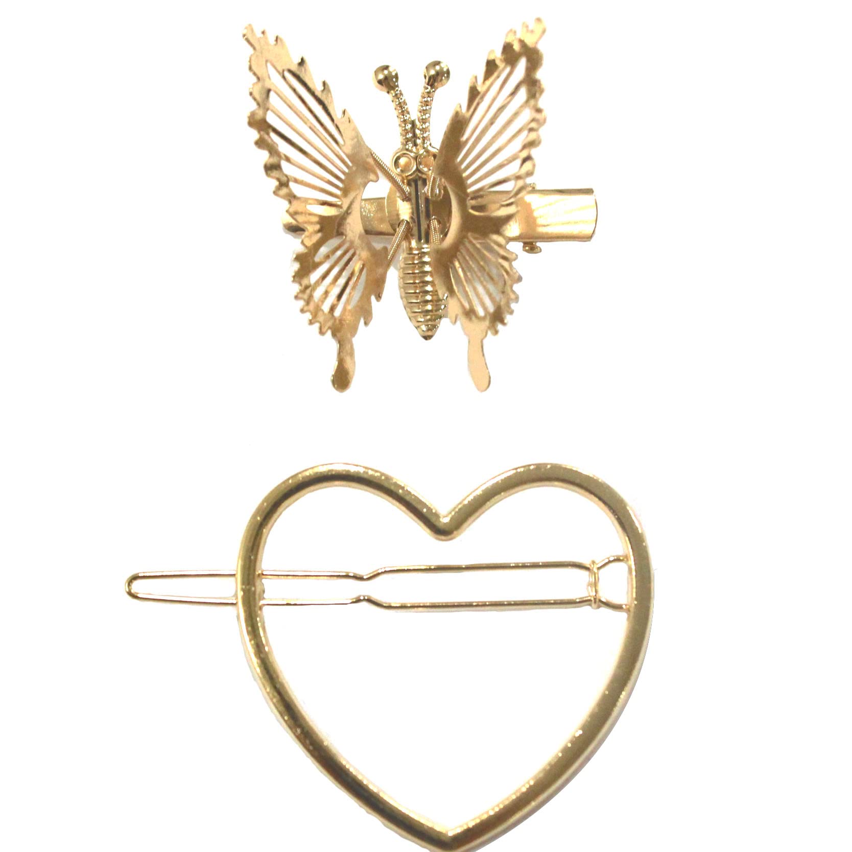 Gold Hollow Heart Geometric Butterfly Hair Clips - 2 Pack Women's Hair Barrettes & Hairgrips for Styling | Elegant Hair Accessories for Parties, Weddings & Everyday Wear