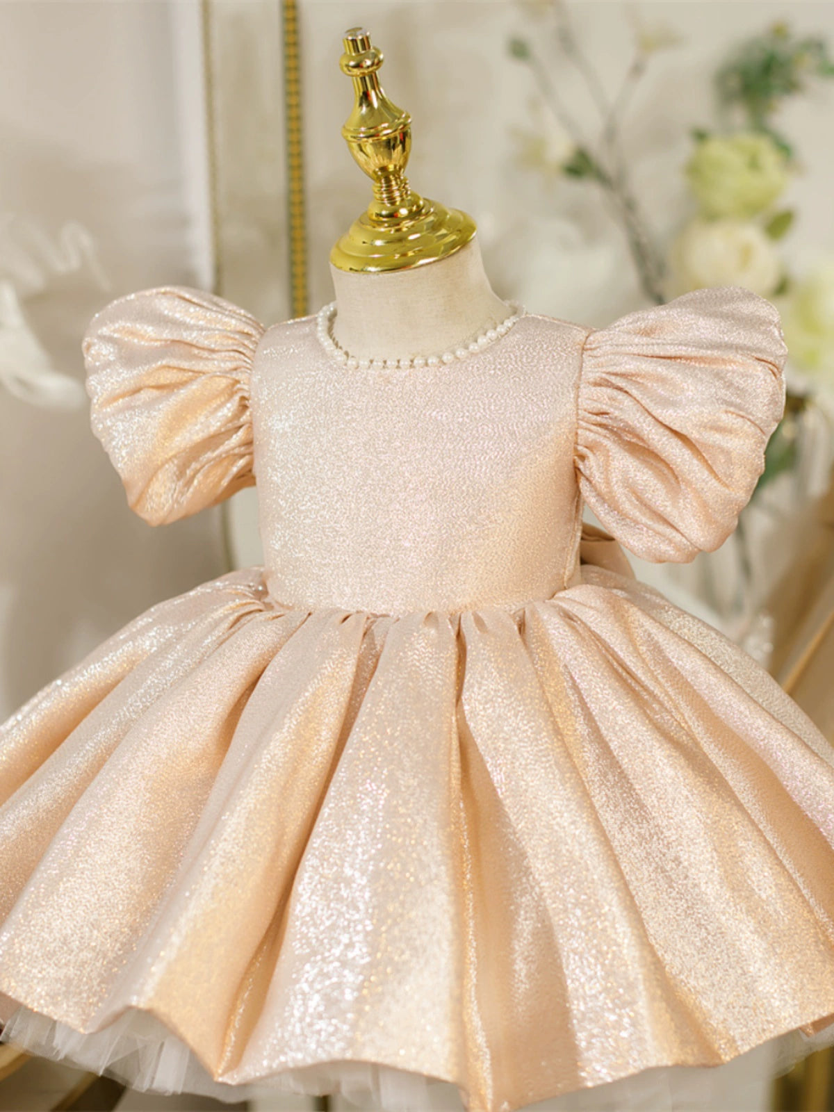 Champagne Princess Jewel Neck Tea-Length Satin Flower Girl Dress for Weddings, Pageants & Special Occasions