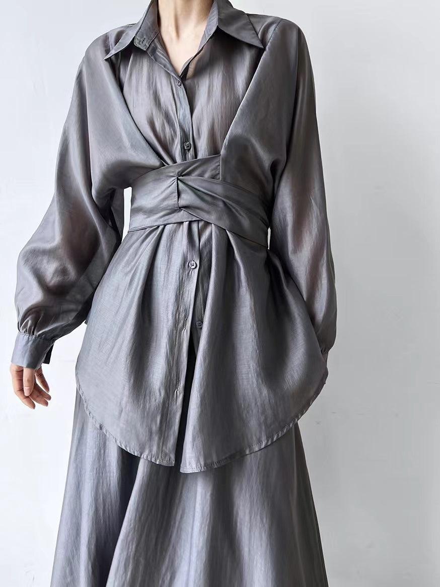 Lovevop Cross Tie Waist Light Silk Shirt & Skirt 2-Piece Set - Elegant Women's Outfit for Work, Date Night & Special Occasions