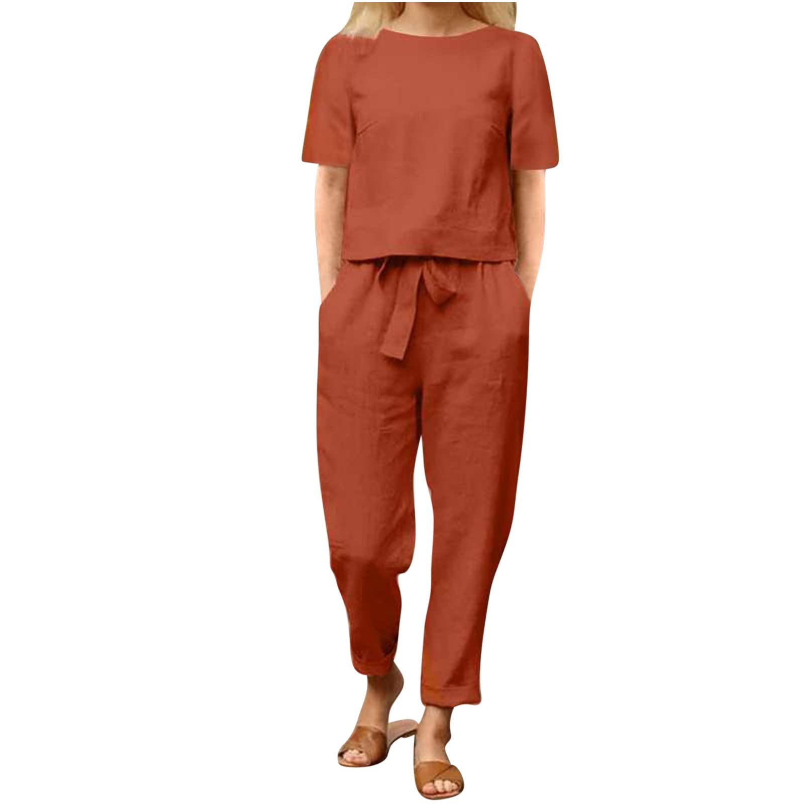 Women's Cotton Linen Summer Outfit Sets - 2 Piece Short Sleeve Top & Lounge Pants with Pockets | Comfortable Loungewear for Home, Travel & Casual Wear