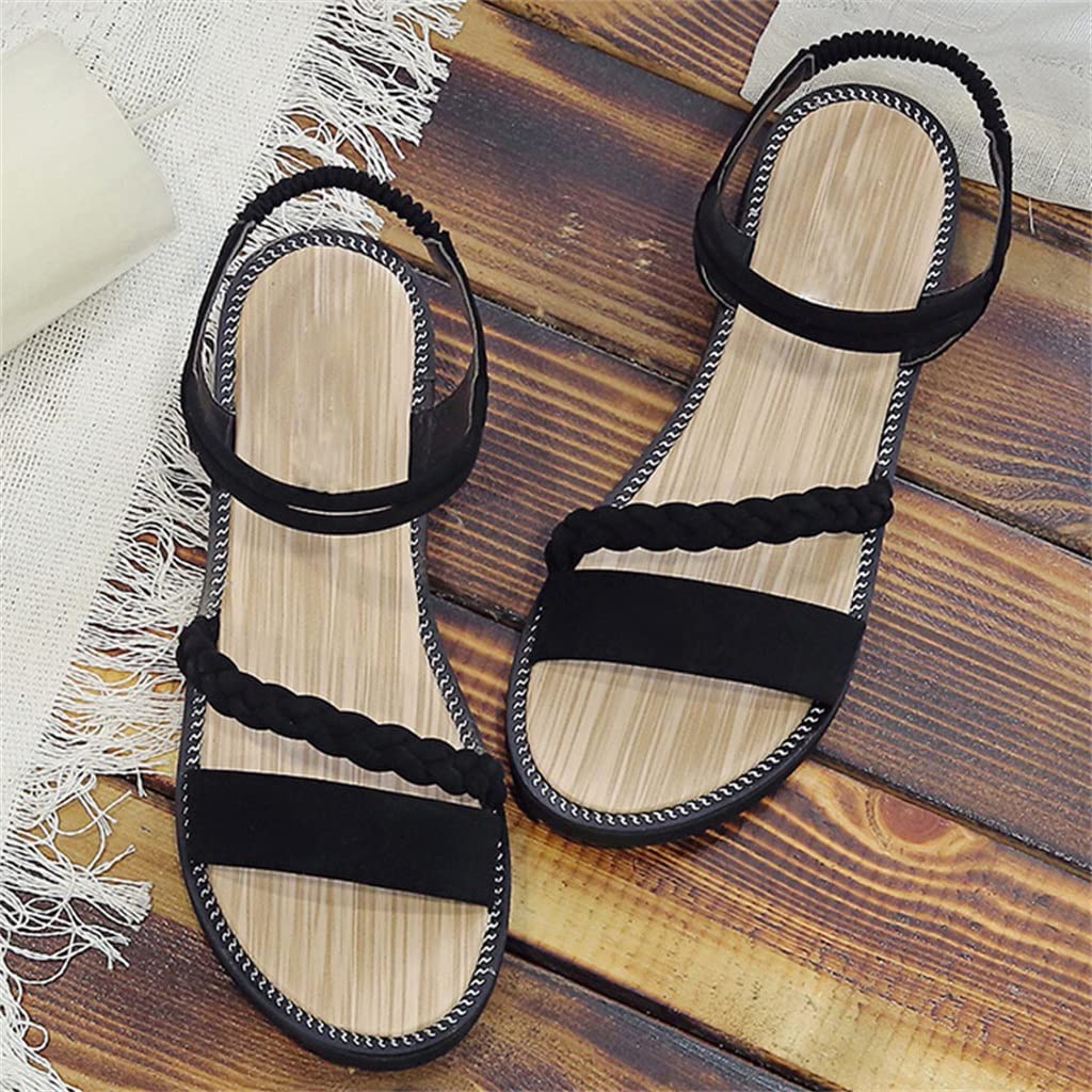 Women's Casual Ankle Strap Buckle Sandals - Roman Style Summer Woven Open Toe Flat Beach Sandals (Black, Size 40) | Perfect for Vacation, Beach Outings & Summer Fashion
