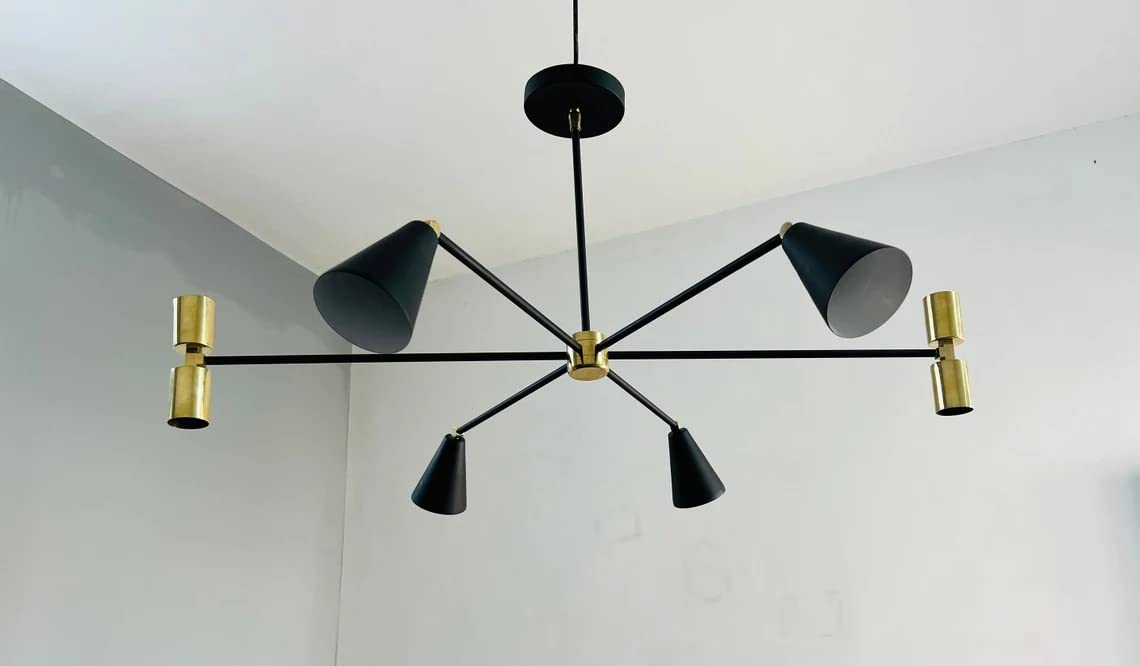 NauticalMart Handcrafted 6-Arm 8-Light Brass Sputnik Chandelier - Black Powder Coated Mid-Century Modern Ceiling Light Fixture for Dining Room, Living Room & Bedroom Lighting
