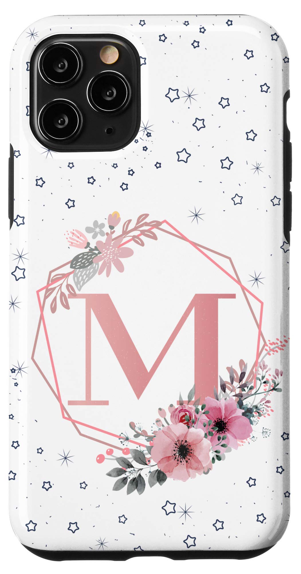 Elegant Monogram iPhone 11 Pro Case with Floral Design - Personalized Initial Letter M in Soft Pink - Perfect for Daily Use, Gifts & Special Occasions