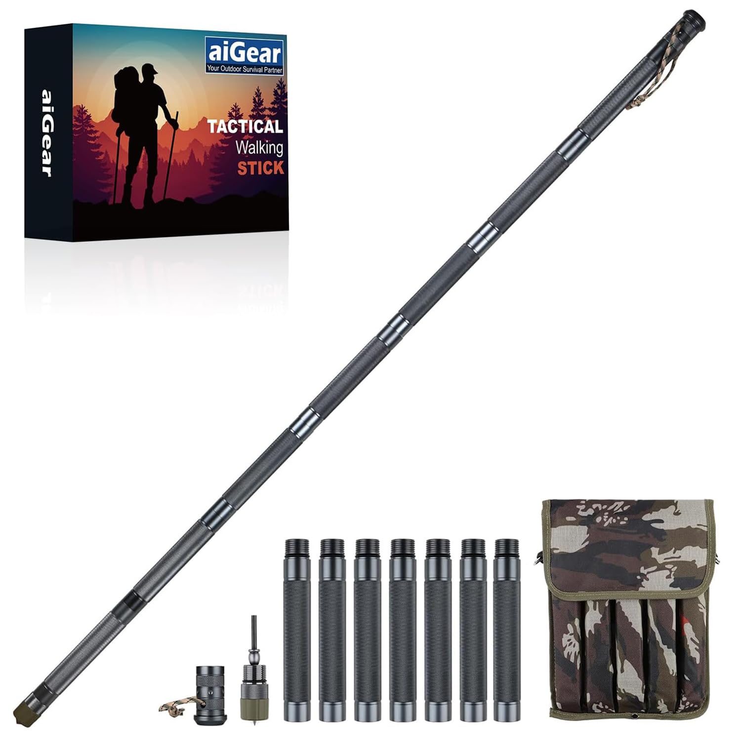 aiGear Survive Adjustable Trekking Pole - Multifunctional Hiking Staff with 7 Tubes for Outdoor Survival, Camping & Backpacking | Perfect for Mountain Trails, Wilderness Exploration & Emergency Situations