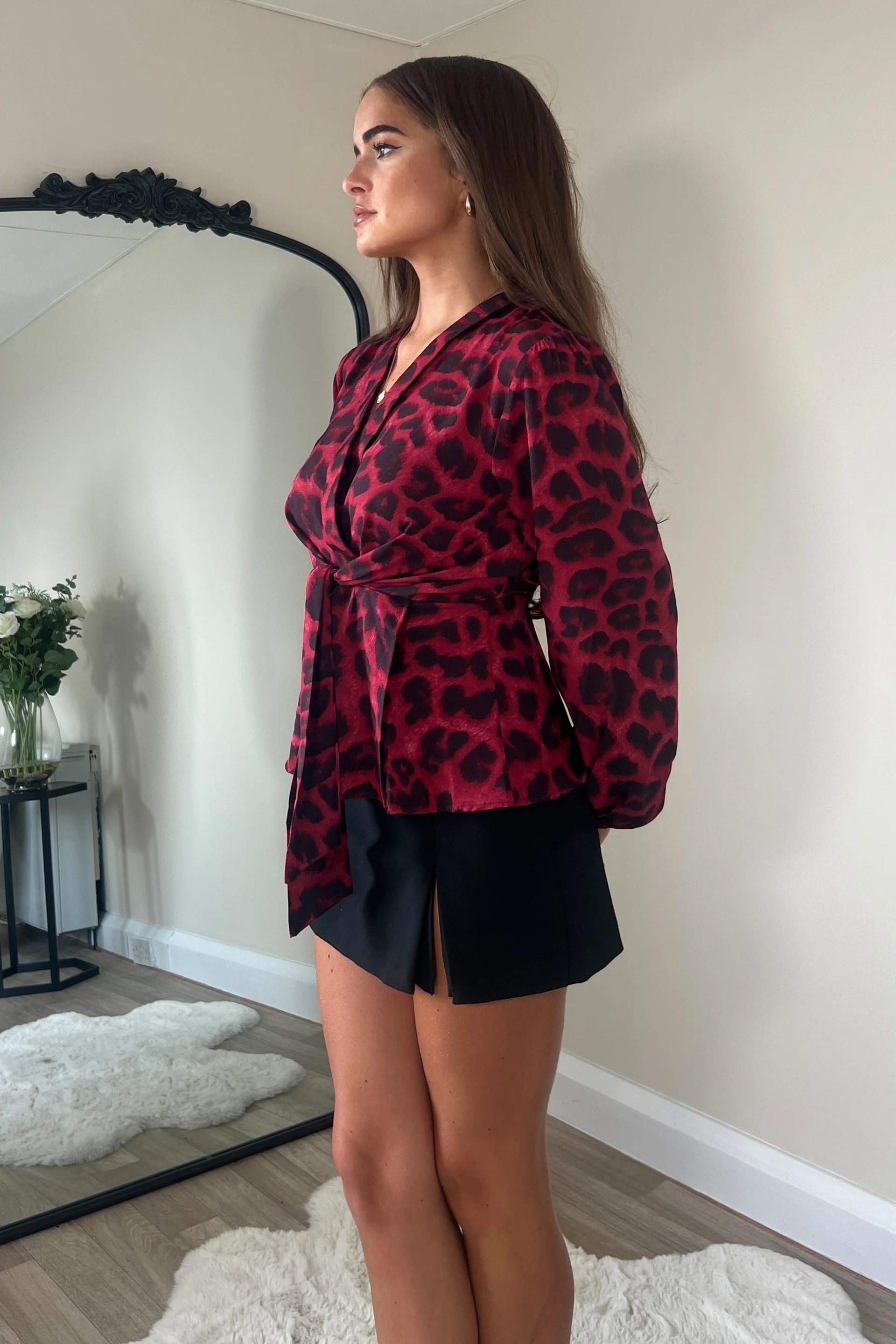 Brook Tie Front Blouse - Elegant Wine Red & Animal Print Women's Top for Casual Wear, Office & Date Night Outfits