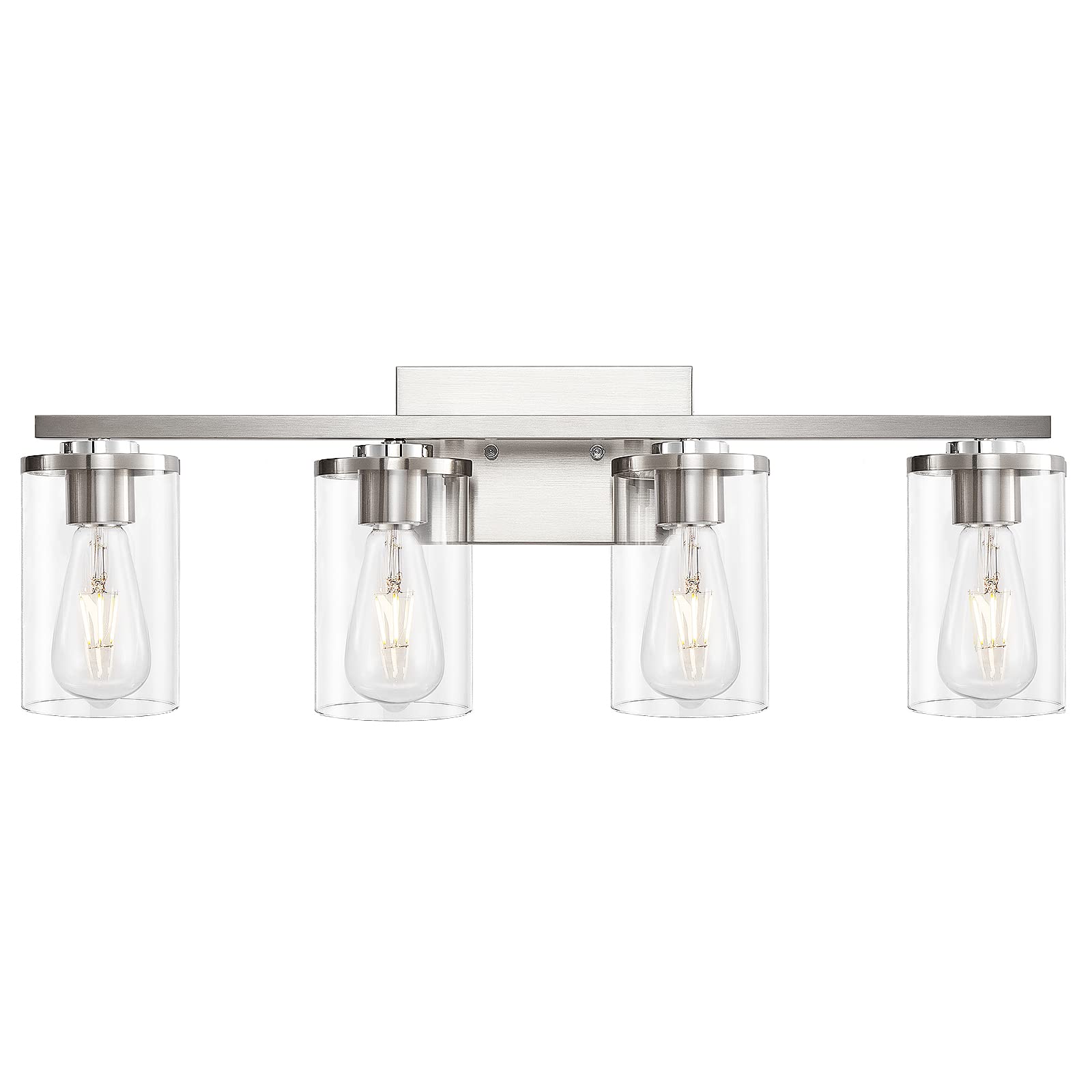 Modern Brushed Nickel 4-Light Bathroom Vanity Light Fixture with Clear Glass Shade - Perfect for Mirror Lighting in Contemporary Bathrooms & Powder Rooms