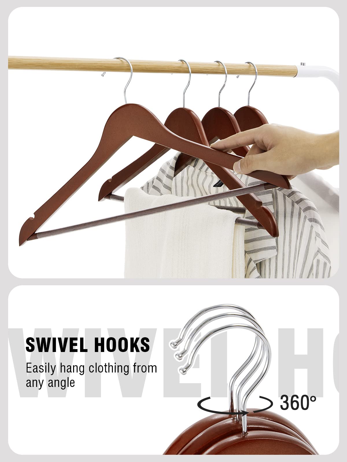 Premium 10-Pack Solid Natural Wooden Coat Hangers - Heavy Duty Smooth Finish with Non-Slip Pant Bar & Chrome Swivel Hook - Perfect for Closets, Wardrobes, Suits & Jackets Organization (Ideal for Home, Office & Hotel Use)