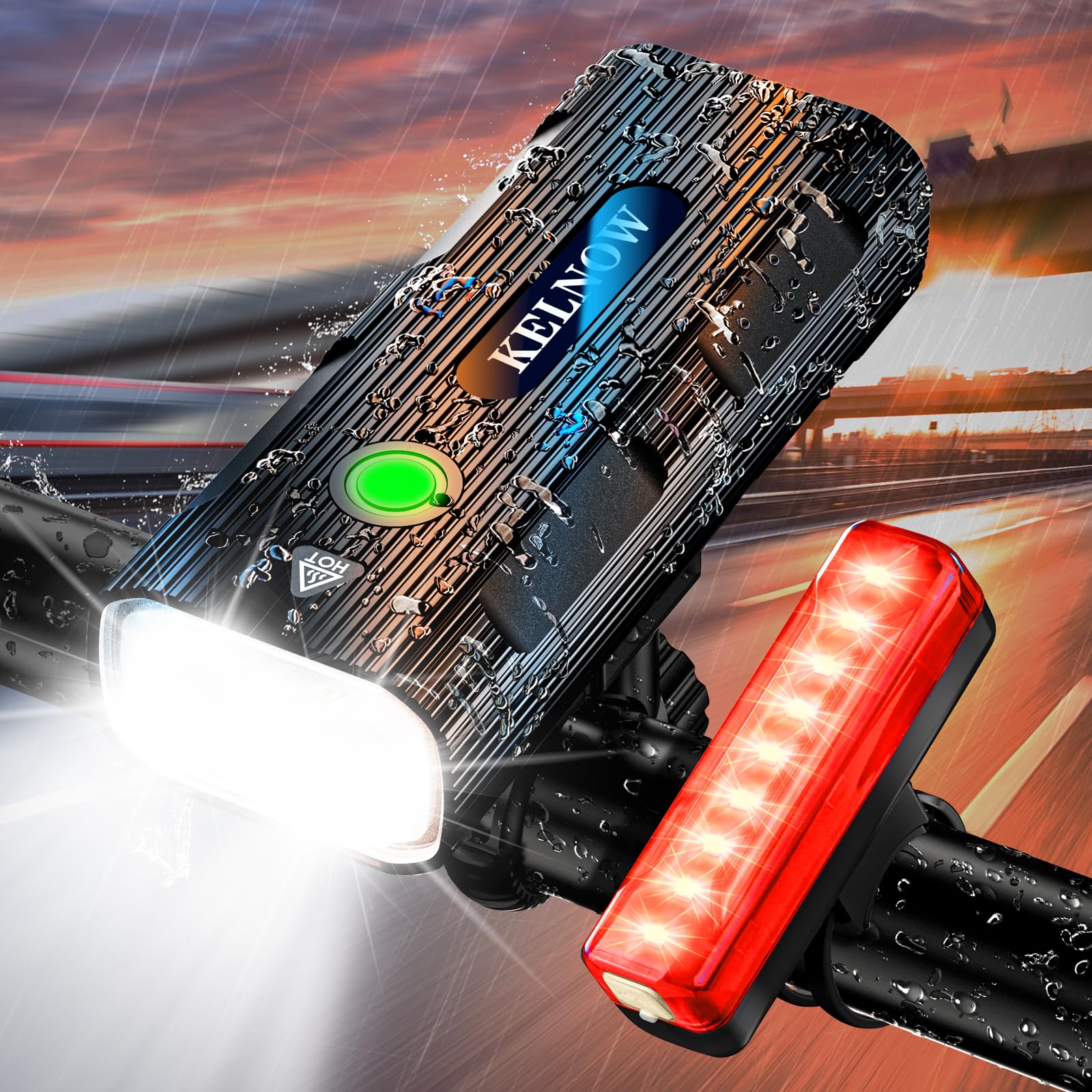 KELNOW Super Bright USB Rechargeable Bike Lights Set - Waterproof LED Bicycle Headlight & Taillight for Night Riding & Cycling Safety | Perfect for Commuting, Mountain Biking & Urban Cycling