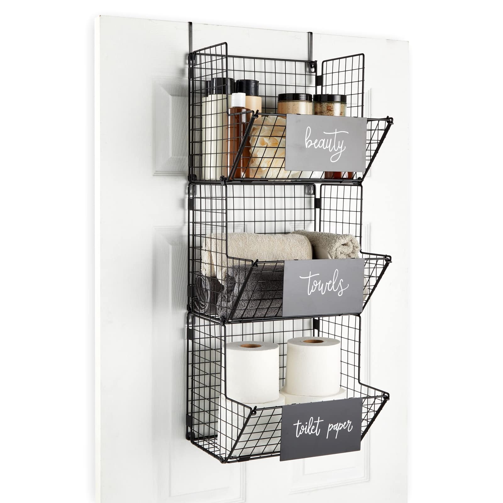 Juvale 3-Tier Over The Door Hanging Basket Organizer - Black Metal Wire Storage Bins for Fruits, Vegetables, Snacks - Space Saving Kitchen & Pantry Organization - Perfect for Small Apartments, Dorms & Closet Storage (11.7