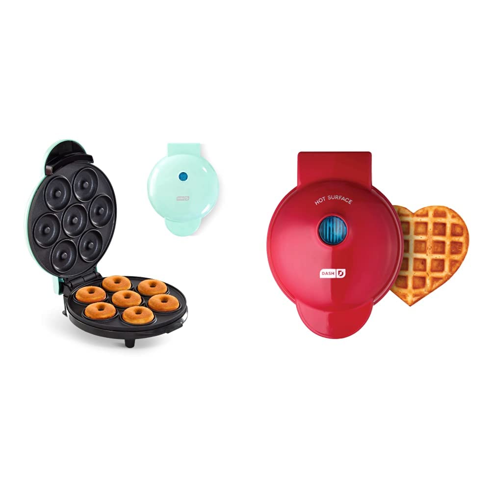 **Dash Mini Donut Maker Machine - Non-Stick, Makes 7 Donuts - Perfect for Kid-Friendly Breakfast, Snacks & Desserts - Includes Mini Waffle Maker (Aqua & Red Heart, 4 Inch) - Great for Parties, Gifts & Family Fun**