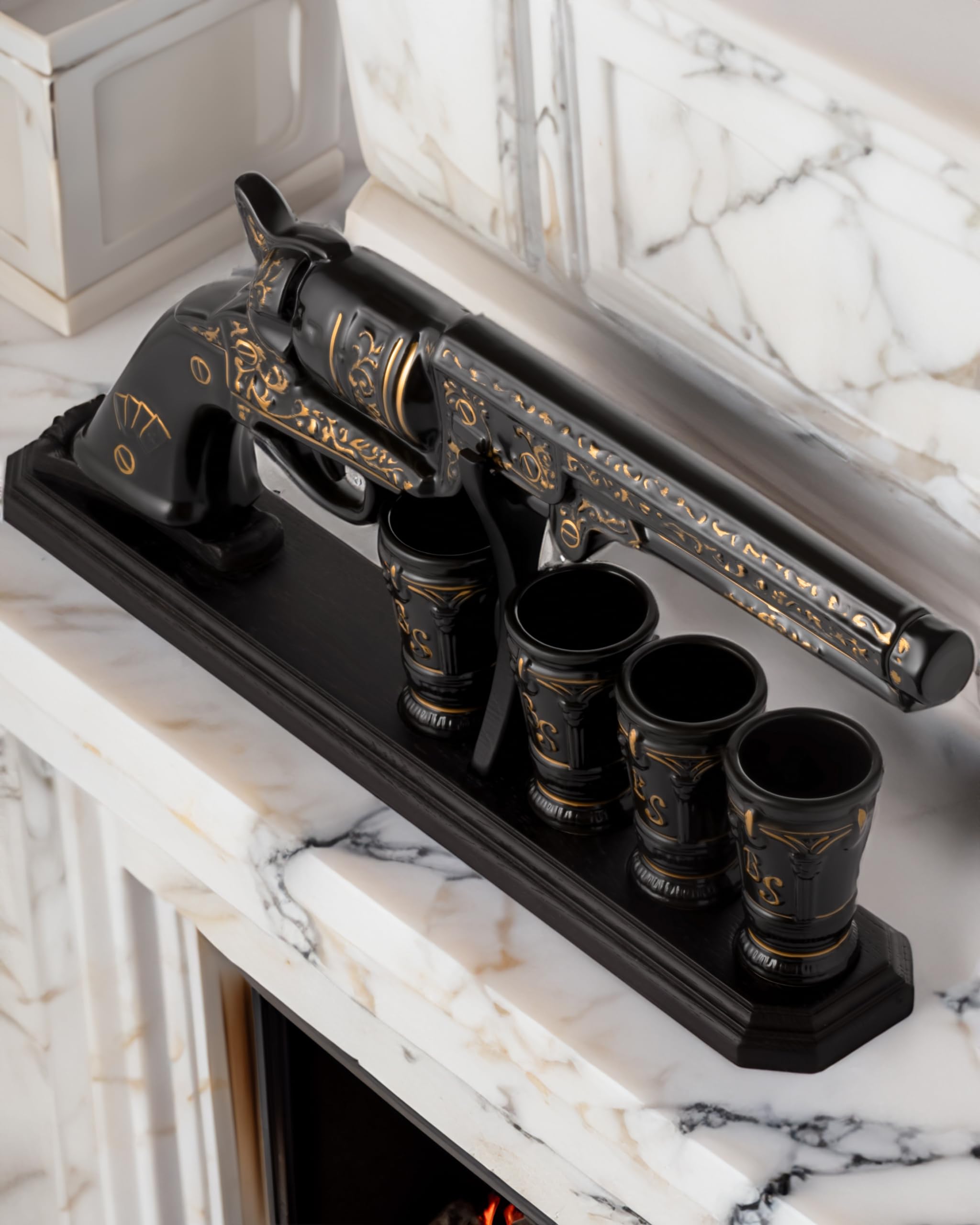 Ceramic Pistol Gun Whiskey Decanter Set with 4 Shot Glasses - 500ml Tequila & Scotch Alcohol Gift Set for Men - Perfect for Bourbon, Whiskey, or Tequila Tasting Parties, Man Cave Decor, and Unique Gifts for Gun Lovers