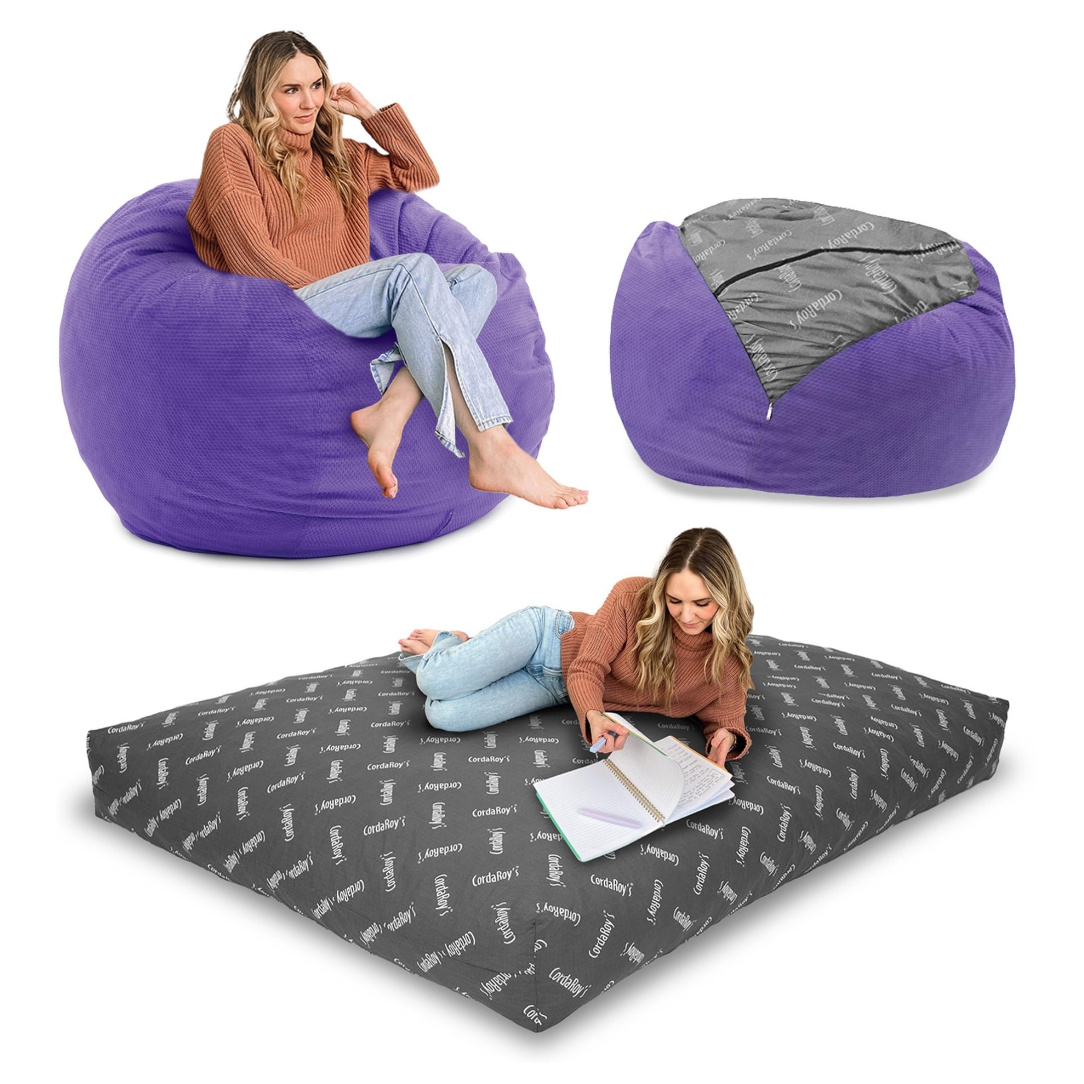 CordaRoy's Convertible Chenille Bean Bag Chair - Folds from Bean Bag to Lounger, Very Peri Purple (Full Size) | As Seen on Shark Tank | Perfect for Living Room, Bedroom & Game Room