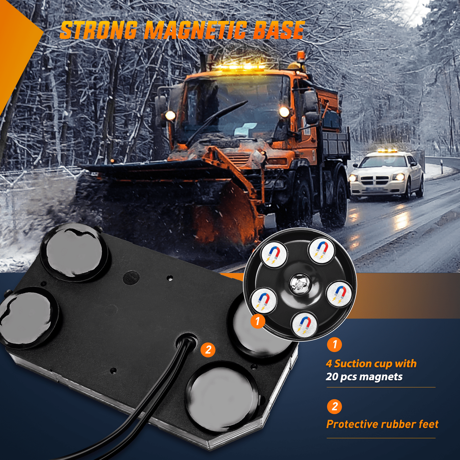 42 LED Amber White Emergency Strobe Light with Magnetic Mount - Roof Top Vehicle Warning Light for Trucks, Emergency Vehicles & Work Zones