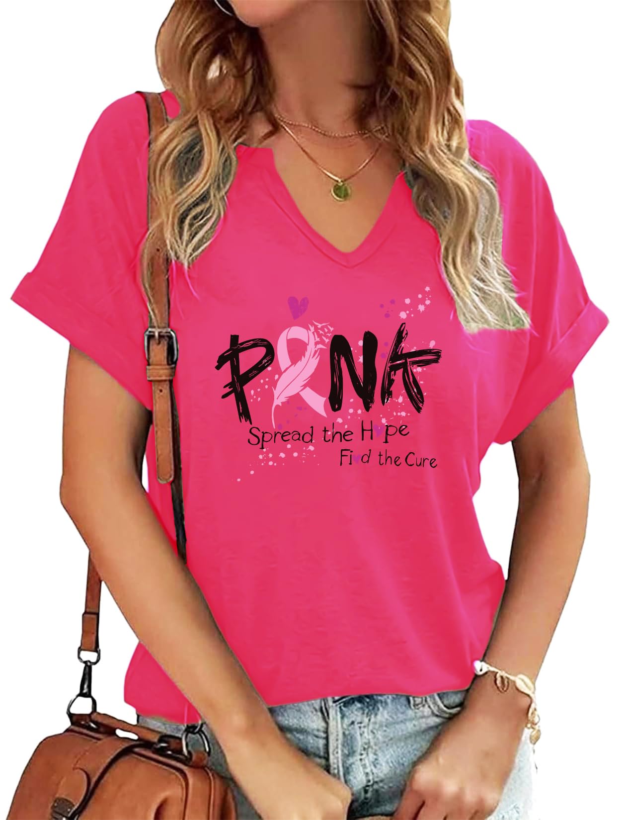 Pink Ribbon Breast Cancer Awareness T-Shirt - Support Squad V-Neck Top for Survivors & Fighters - Comfortable Women's Tee for Fundraisers, Walks & Everyday Wear