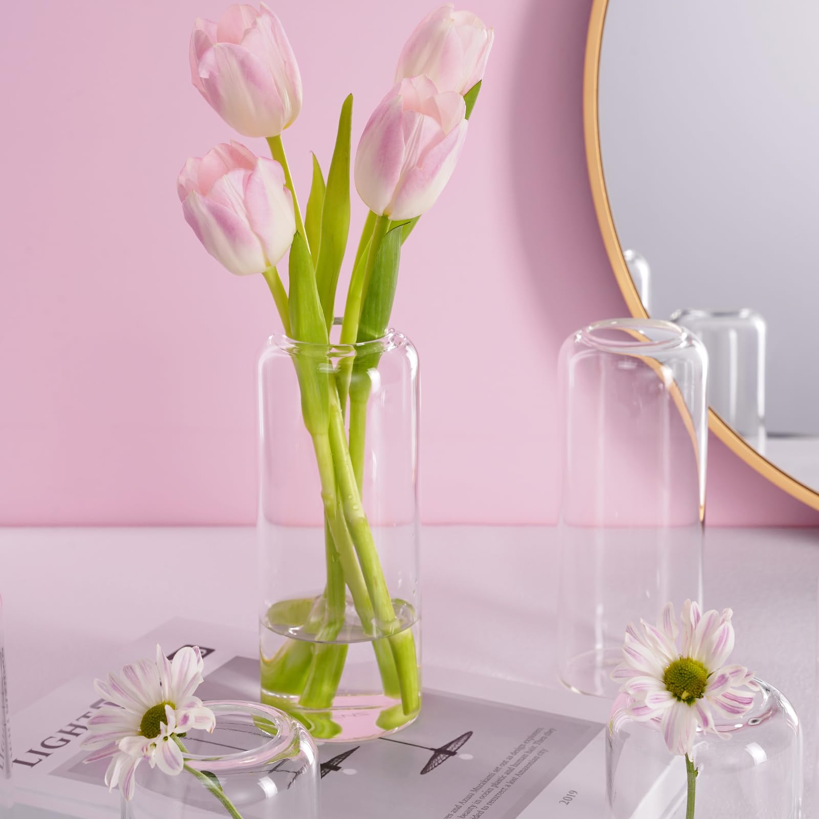 ZENS Set of 3 Modern Glass Bud Vases - Thick Blown Glass Small Flower Vases for Wedding Centerpieces, Home Decor, Bathroom & Party Events - Perfect for Fresh Flowers, Table Decorations and Gift Giving