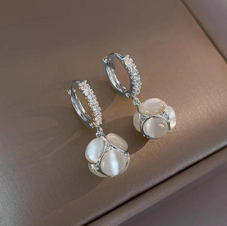 Vintage Cat Eye Stone Ball Hoop Earrings for Women - Elegant Gold/Silver Dangle Earrings | Perfect for Parties, Weddings & Everyday Wear | A7573