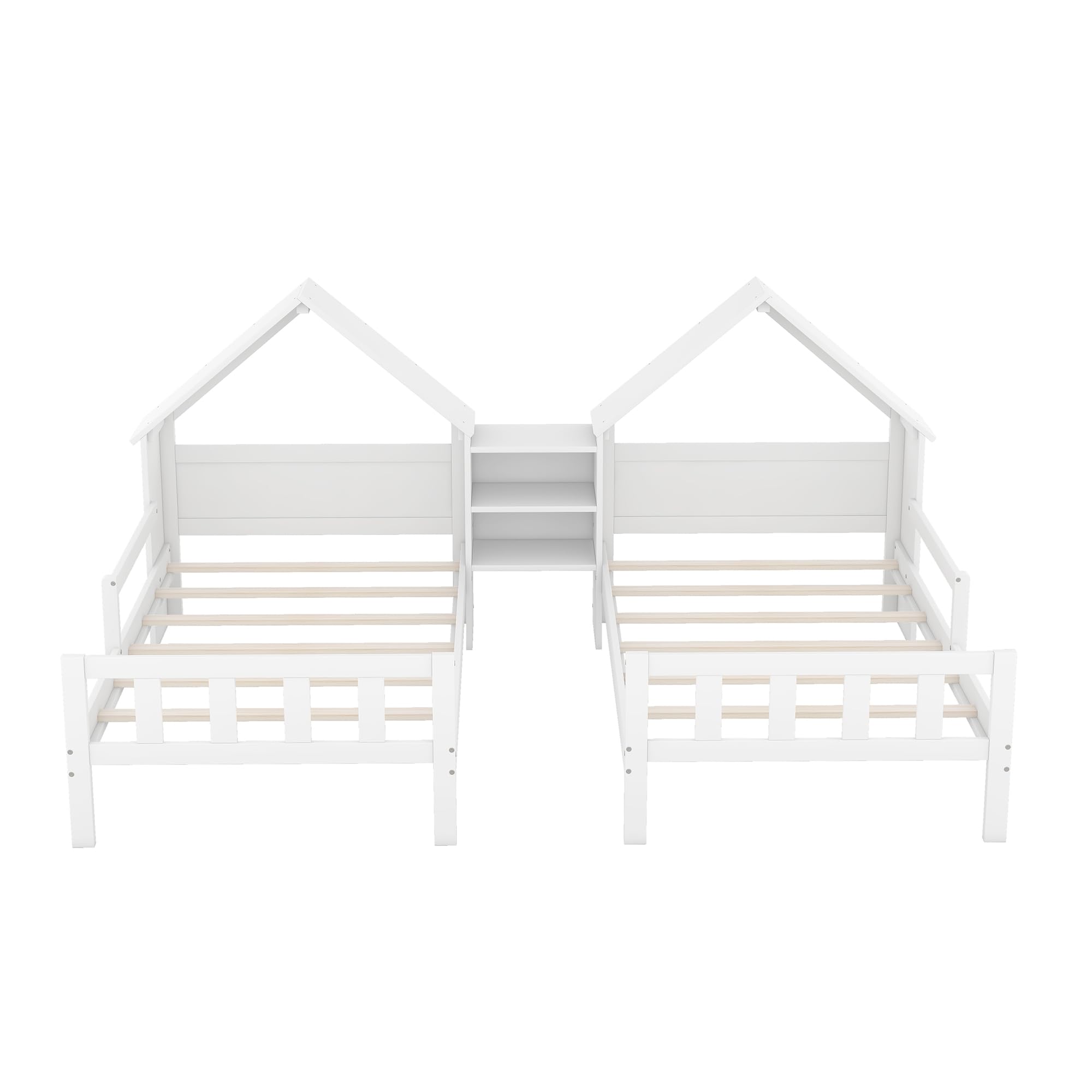 Harper & Bright Designs White Wooden Double Twin Bed Frame for Kids - House-Shaped Headboard with Built-in Nightstand, Side by Side Montessori Bunk Bed for Boys & Girls - Perfect for Shared Kids' Rooms & Small Spaces