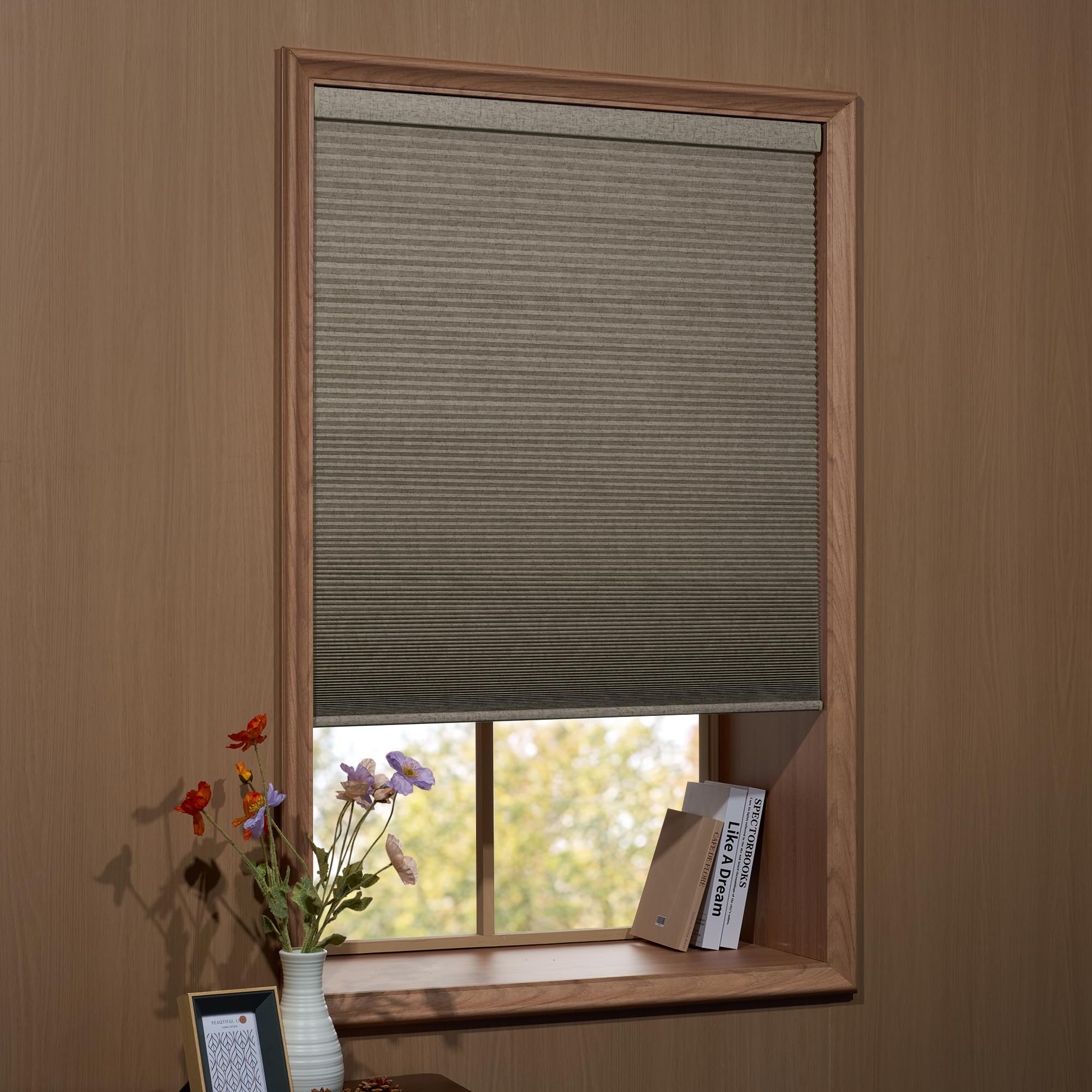 Blackout Honeycomb Shades for Windows - Cordless Linen Pattern Cellular Blinds, Thermal Insulated Privacy Shades for Bedroom & Office, Dark Beige, 26