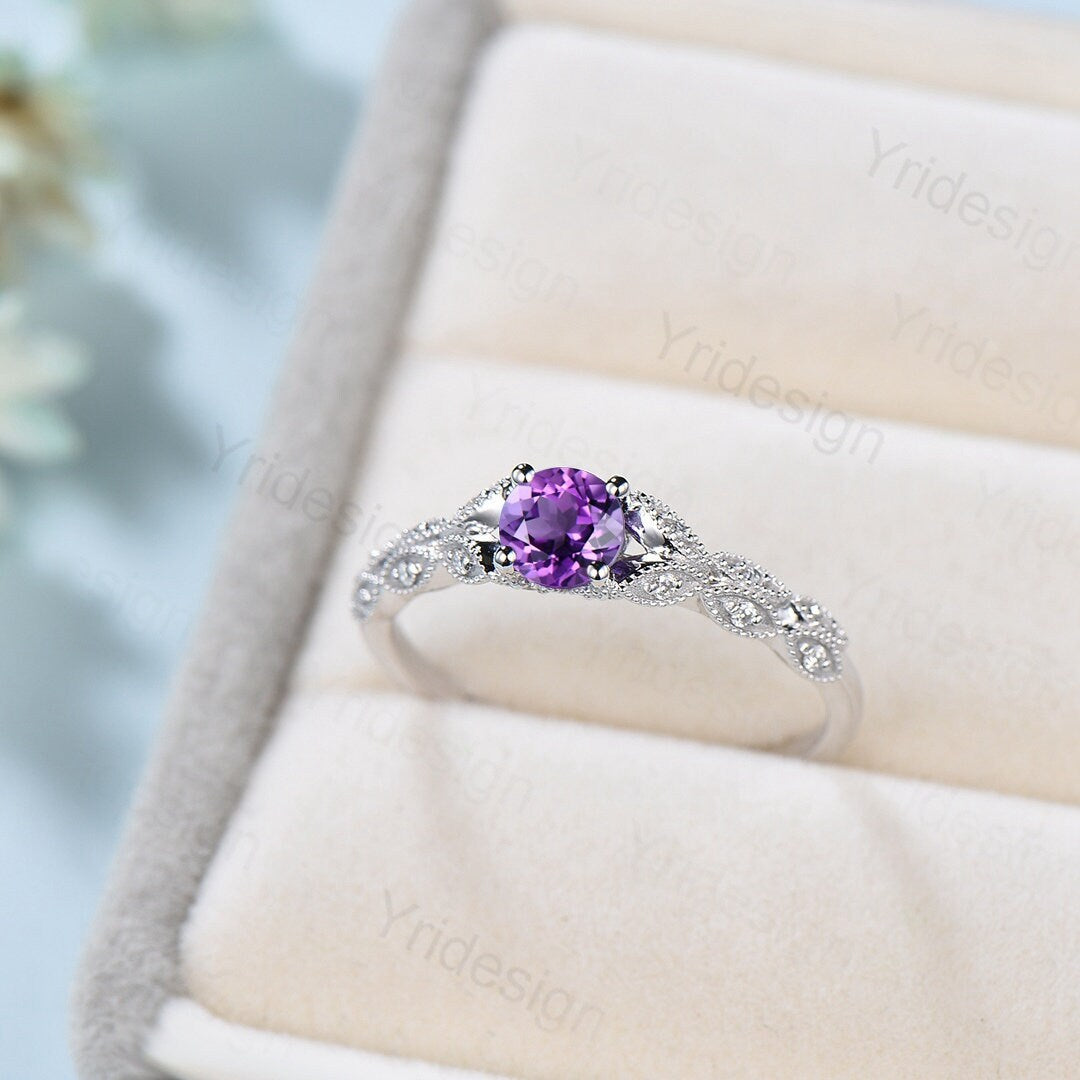 14K White Gold Dainty Amethyst Engagement Ring for Women - Art Deco Purple Amethyst Promise Ring, February Birthstone Bridal Jewelry - Perfect for Valentine's Day Proposals, Anniversary Gifts & Bridal Accessories