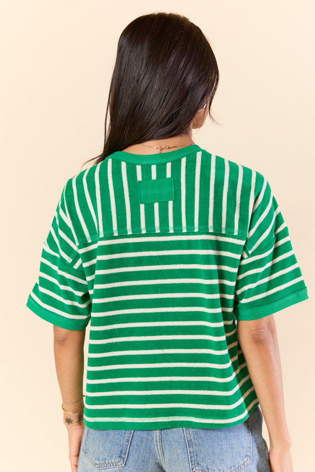 Color Wave Green and Oatmeal Striped Knit Boxy Tee - Women's Casual Loose Fit T-Shirt | Trendy Striped Top for Everyday Wear, Outfits & Layering